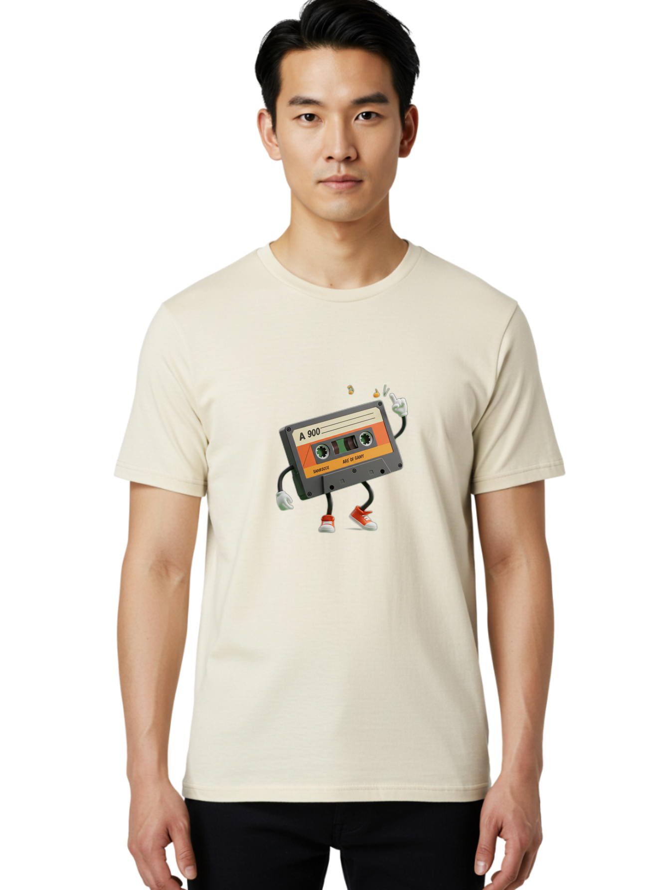 A-900 Men'S Graphic Tee, 100% Cotton, Comfortable Casual Summer Wear, Machine Washable, Retro Cassette Mixtape, A 900, Vintage Music, Age Of Saint, Nostalgic Vibes, Funky Character, Orange And Grey, Red Shoes, Thumbs Up, Baa122