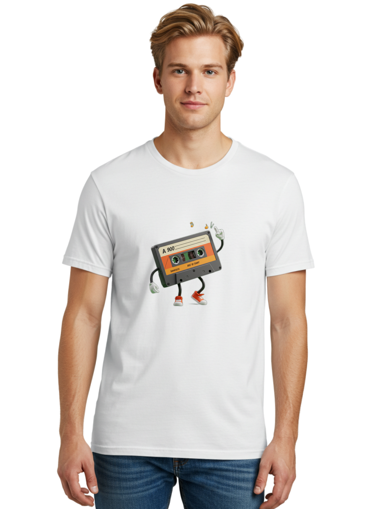 A-900 Men'S Graphic Tee, 100% Cotton, Comfortable Casual Summer Wear, Machine Washable, Retro Cassette Mixtape, A 900, Vintage Music, Age Of Saint, Nostalgic Vibes, Funky Character, Orange And Grey, Red Shoes, Thumbs Up, Baa122