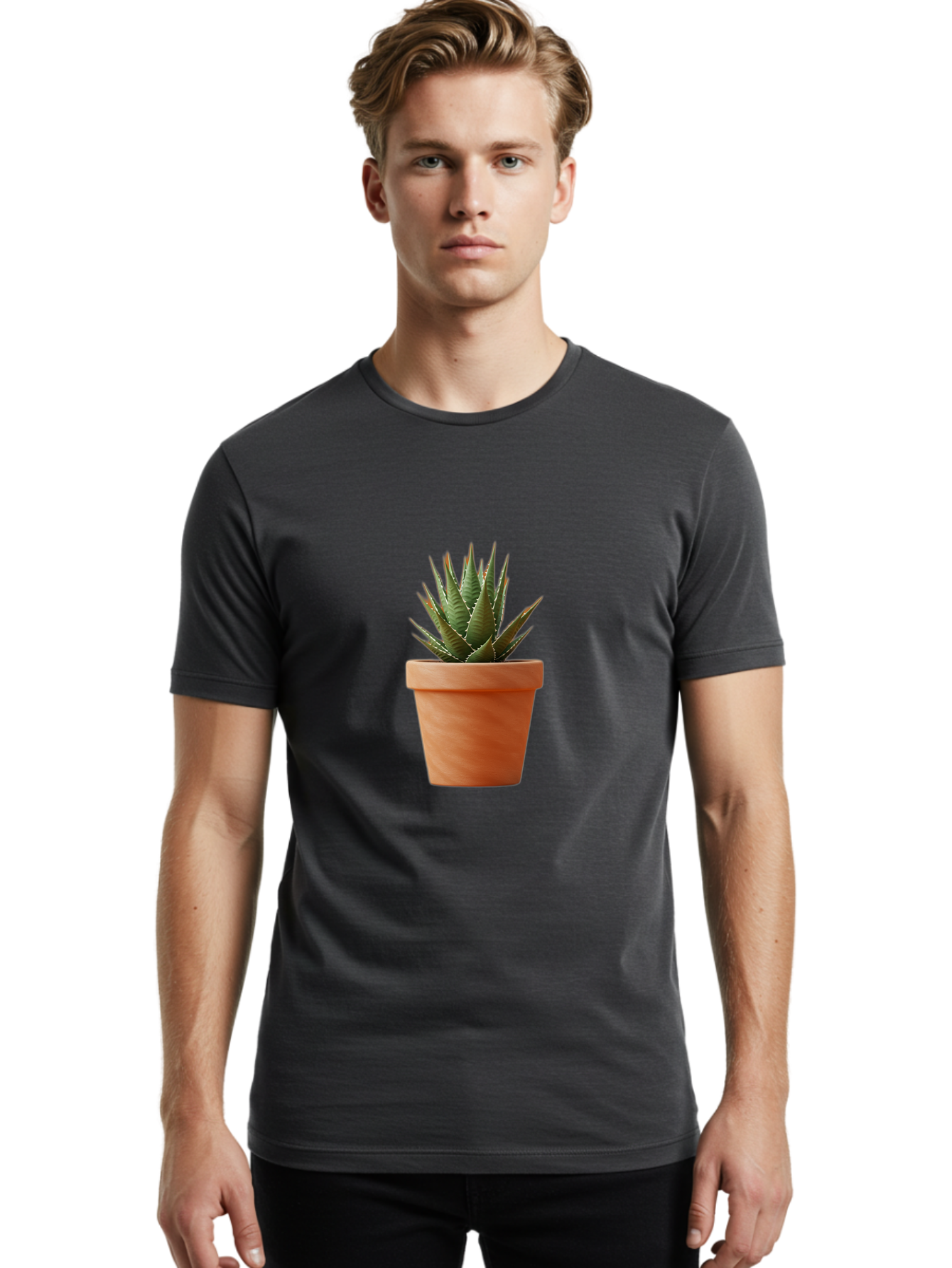 Agave-In-Terracotta-Pot Men'S Graphic Tee, 100% Cotton, Comfortable Casual Summer Wear, Machine Washable, Aloe Vera In Terracotta Pot, Succulent Plant, Indoor Decor, Minimalist Design, Low Maintenance, Green Leaves, Spiky Texture, Home Decor Baa124