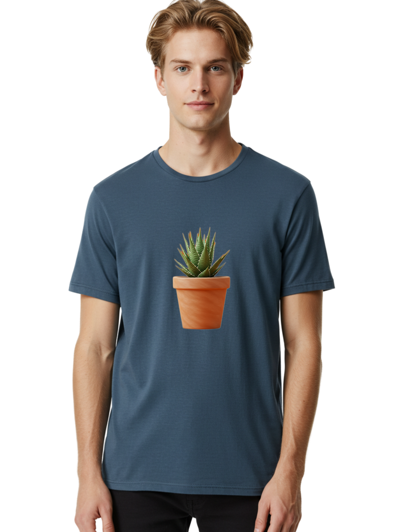 Agave-In-Terracotta-Pot Men'S Graphic Tee, 100% Cotton, Comfortable Casual Summer Wear, Machine Washable, Aloe Vera In Terracotta Pot, Succulent Plant, Indoor Decor, Minimalist Design, Low Maintenance, Green Leaves, Spiky Texture, Home Decor Baa124