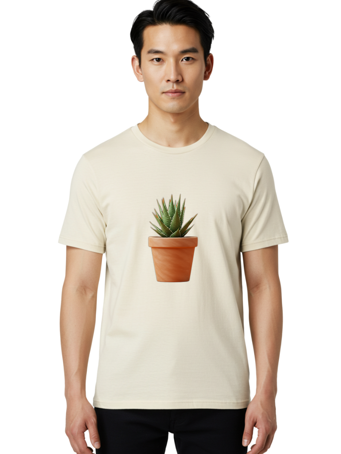 Agave-In-Terracotta-Pot Men'S Graphic Tee, 100% Cotton, Comfortable Casual Summer Wear, Machine Washable, Aloe Vera In Terracotta Pot, Succulent Plant, Indoor Decor, Minimalist Design, Low Maintenance, Green Leaves, Spiky Texture, Home Decor Baa124