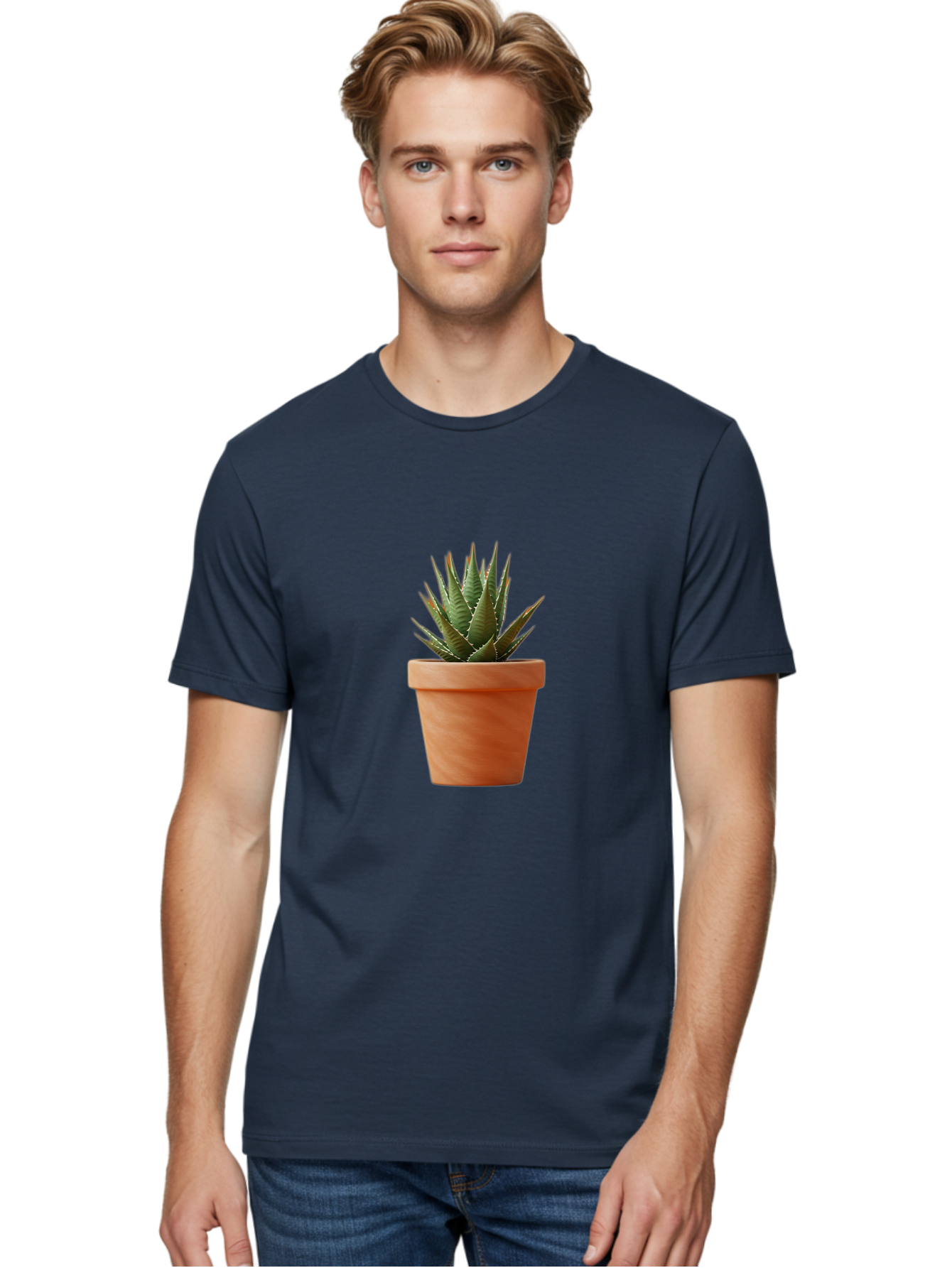 Agave-In-Terracotta-Pot Men'S Graphic Tee, 100% Cotton, Comfortable Casual Summer Wear, Machine Washable, Aloe Vera In Terracotta Pot, Succulent Plant, Indoor Decor, Minimalist Design, Low Maintenance, Green Leaves, Spiky Texture, Home Decor Baa124