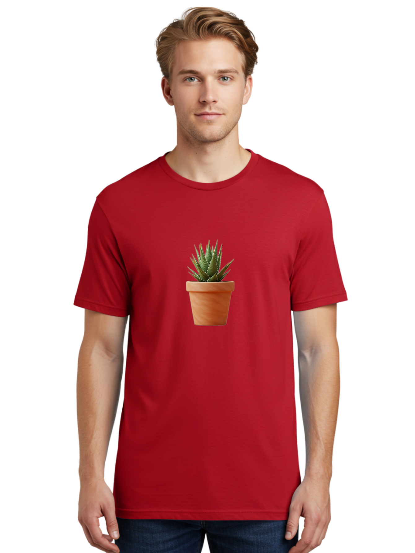 Agave-In-Terracotta-Pot Men'S Graphic Tee, 100% Cotton, Comfortable Casual Summer Wear, Machine Washable, Aloe Vera In Terracotta Pot, Succulent Plant, Indoor Decor, Minimalist Design, Low Maintenance, Green Leaves, Spiky Texture, Home Decor Baa124