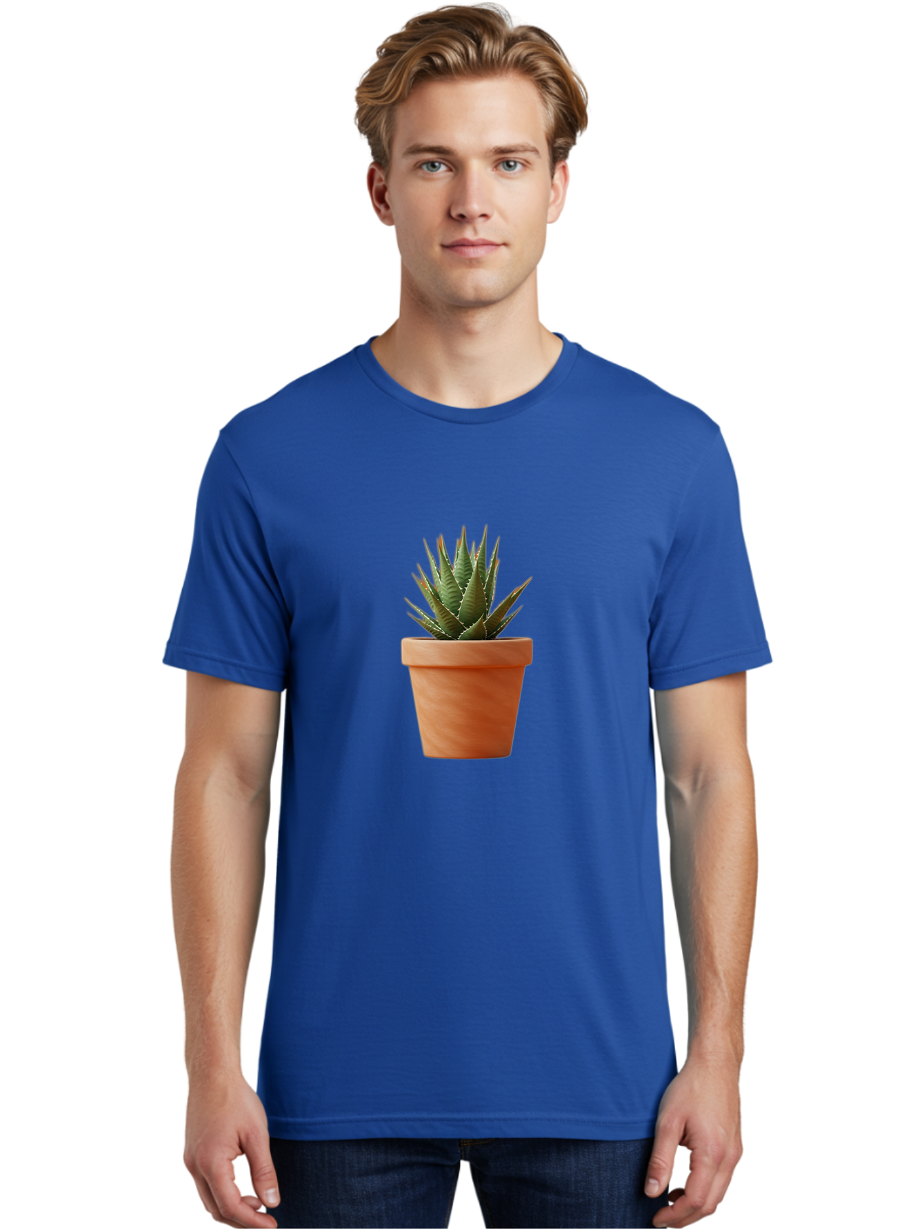 Agave-In-Terracotta-Pot Men'S Graphic Tee, 100% Cotton, Comfortable Casual Summer Wear, Machine Washable, Aloe Vera In Terracotta Pot, Succulent Plant, Indoor Decor, Minimalist Design, Low Maintenance, Green Leaves, Spiky Texture, Home Decor Baa124
