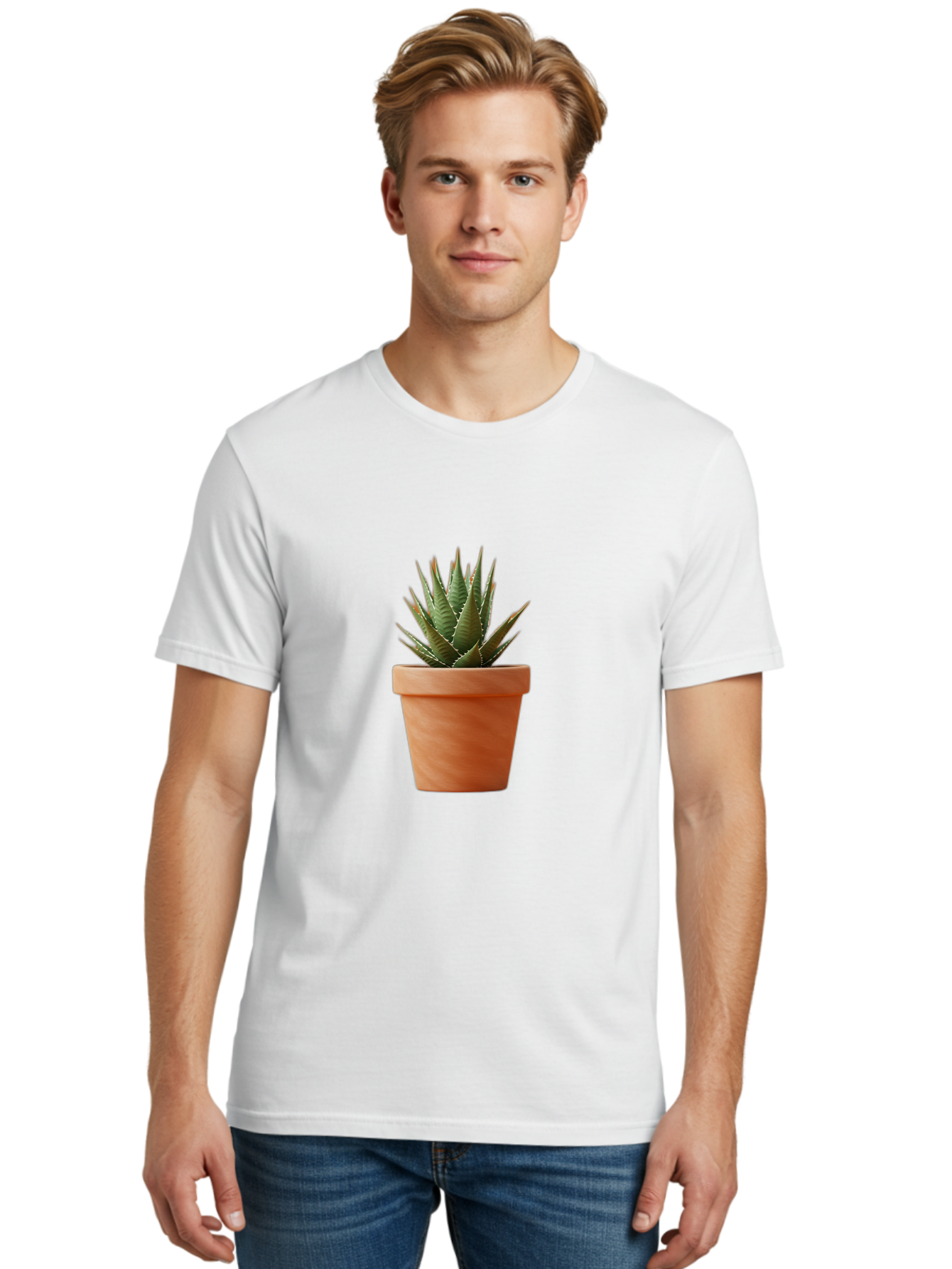 Agave-In-Terracotta-Pot Men'S Graphic Tee, 100% Cotton, Comfortable Casual Summer Wear, Machine Washable, Aloe Vera In Terracotta Pot, Succulent Plant, Indoor Decor, Minimalist Design, Low Maintenance, Green Leaves, Spiky Texture, Home Decor Baa124