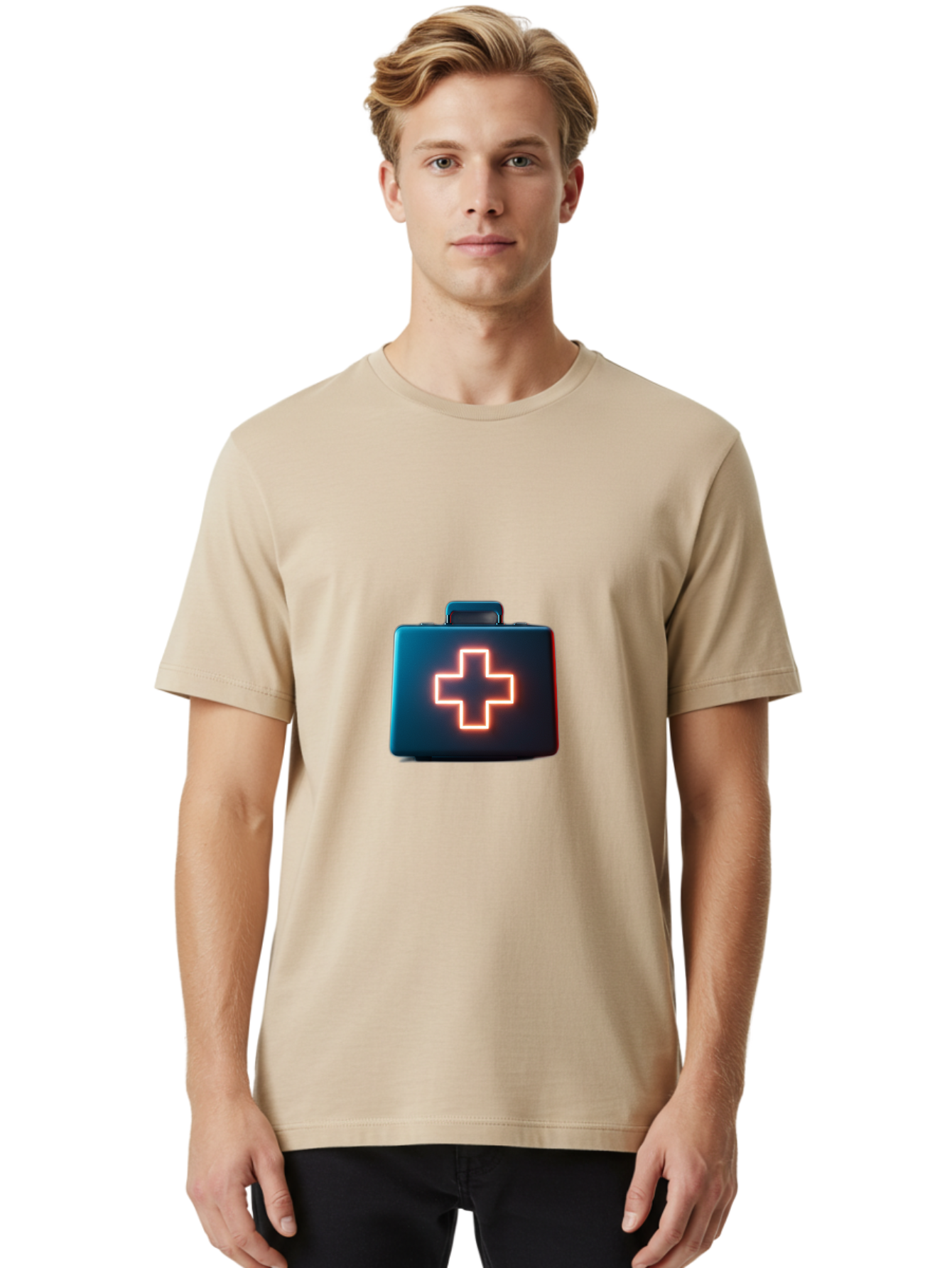 Aid-Kit Men'S Graphic Tee, 100% Cotton, Comfortable Casual Summer Wear, Machine Washable, Medical Kit, First Aid Box, Health Care, Emergency Response, Medical Cross, Neon Sign, 3D Rendering Baa126