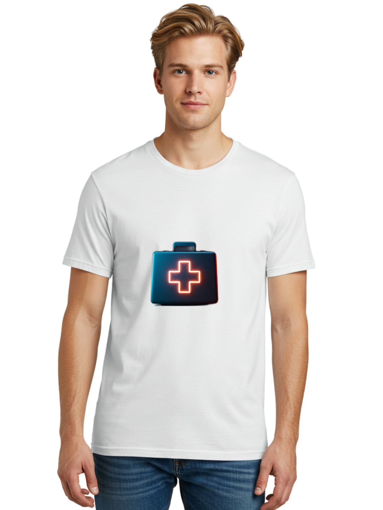 Aid-Kit Men'S Graphic Tee, 100% Cotton, Comfortable Casual Summer Wear, Machine Washable, Medical Kit, First Aid Box, Health Care, Emergency Response, Medical Cross, Neon Sign, 3D Rendering Baa126