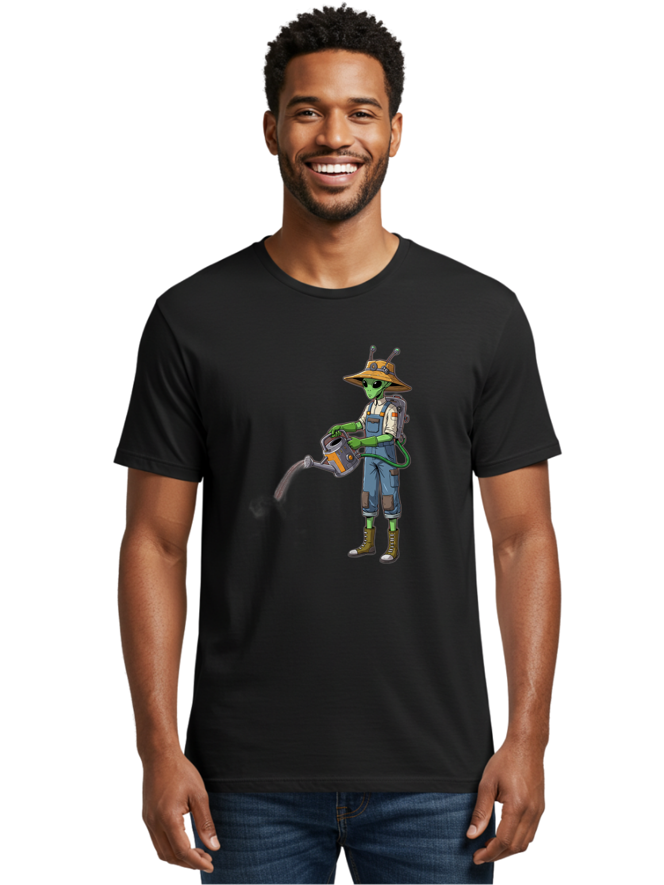 Alien-Gardener Men'S Graphic Tee, 100% Cotton, Comfortable Casual Summer Wear, Machine Washable, Alien Gardener, Watering Can, Gardening Tools, Green Skin, Futuristic Gardening, Cartoon Character, Science Fiction, Gardening Gloves, Overalls, Baa127