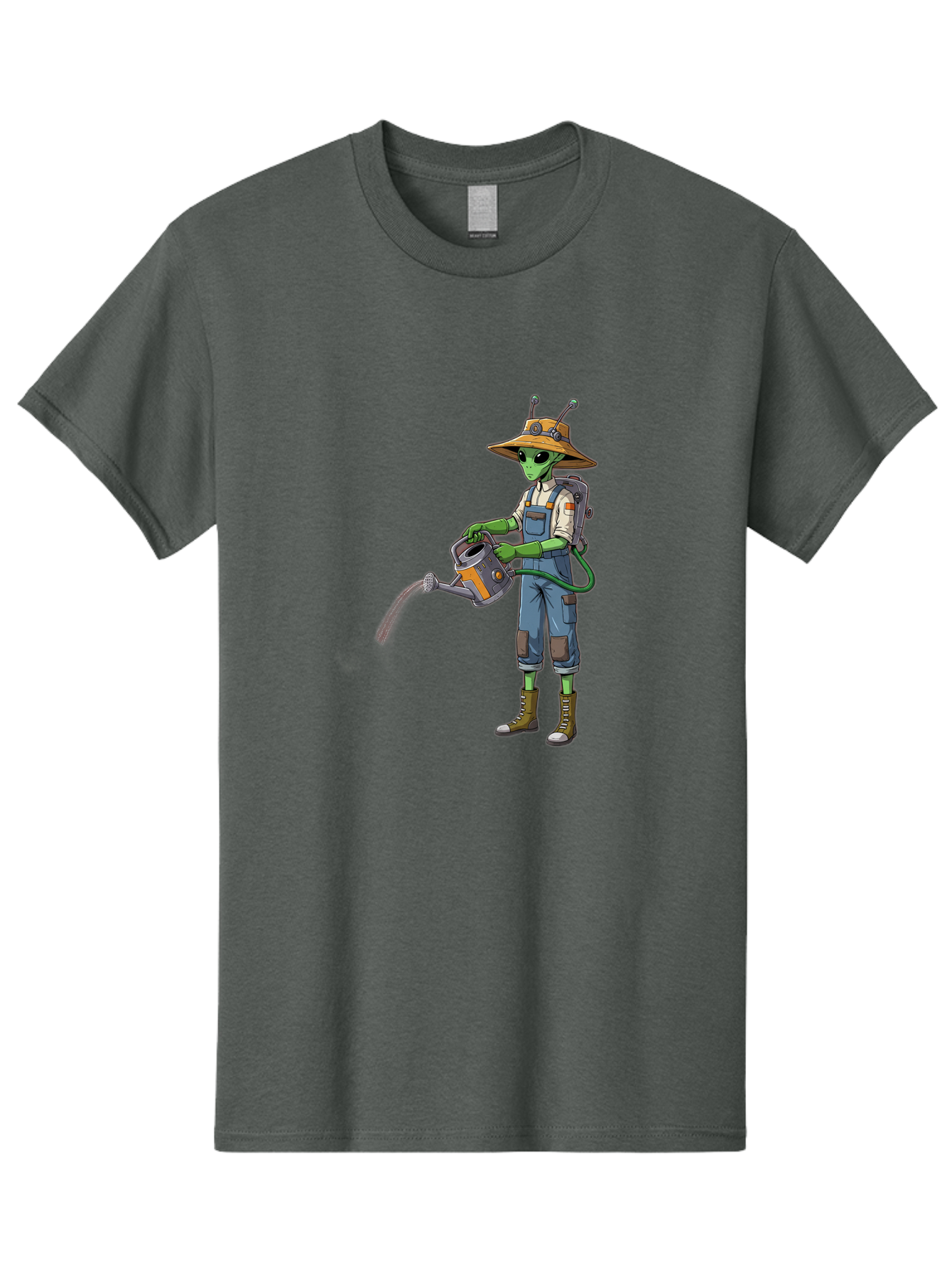 Alien-Gardener Men'S Graphic Tee, 100% Cotton, Comfortable Casual Summer Wear, Machine Washable, Alien Gardener, Watering Can, Gardening Tools, Green Skin, Futuristic Gardening, Cartoon Character, Science Fiction, Gardening Gloves, Overalls, Baa127