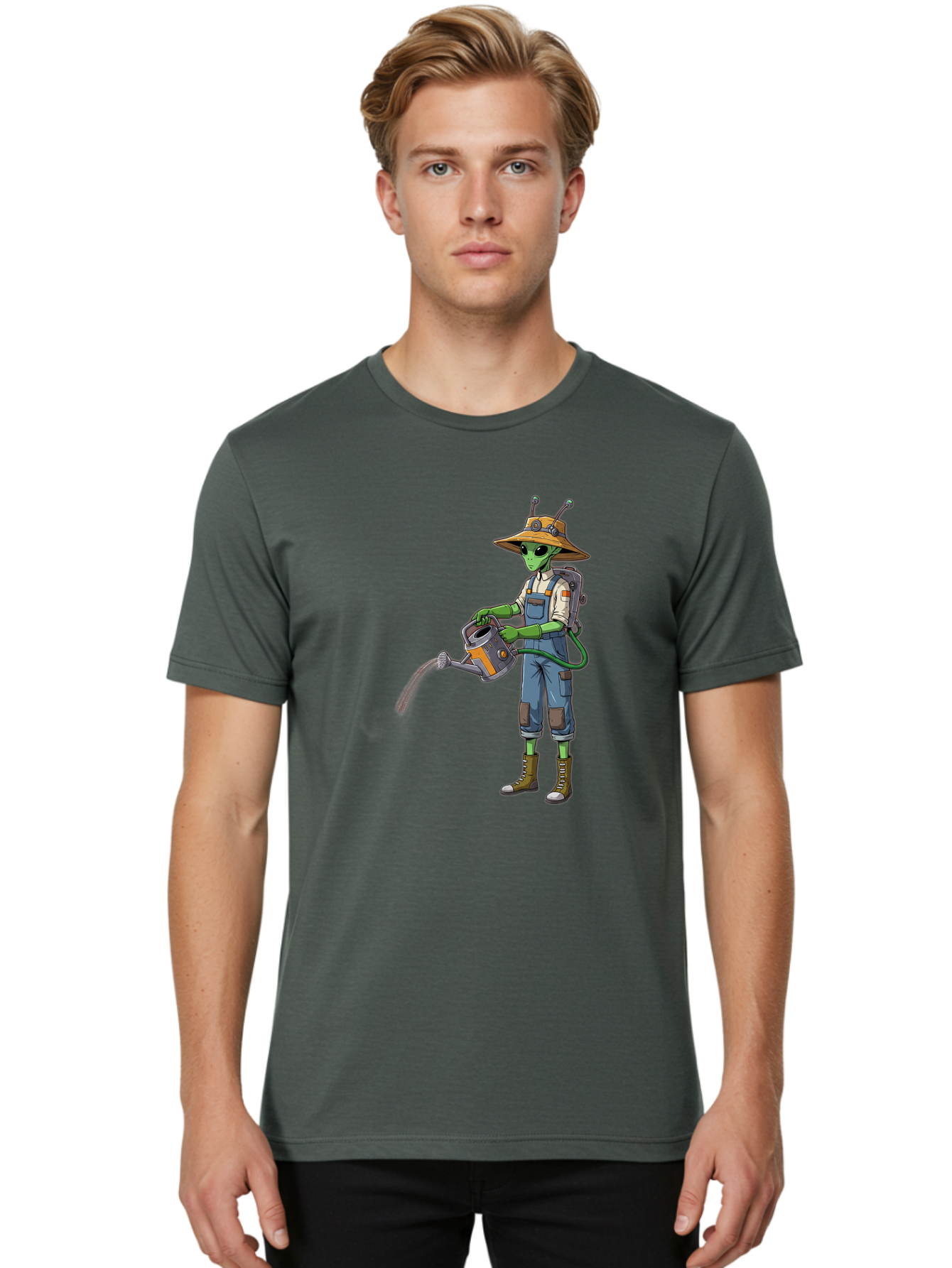 Alien-Gardener Men'S Graphic Tee, 100% Cotton, Comfortable Casual Summer Wear, Machine Washable, Alien Gardener, Watering Can, Gardening Tools, Green Skin, Futuristic Gardening, Cartoon Character, Science Fiction, Gardening Gloves, Overalls, Baa127