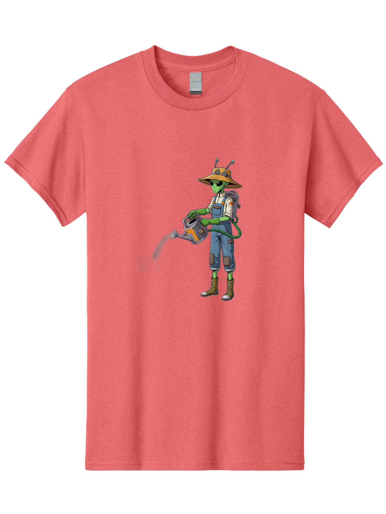 Alien-Gardener Men'S Graphic Tee, 100% Cotton, Comfortable Casual Summer Wear, Machine Washable, Alien Gardener, Watering Can, Gardening Tools, Green Skin, Futuristic Gardening, Cartoon Character, Science Fiction, Gardening Gloves, Overalls, Baa127