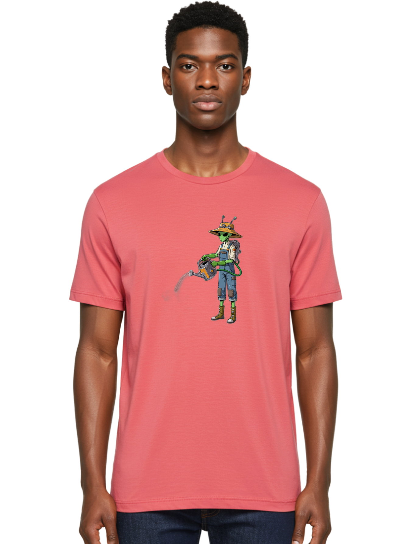 Alien-Gardener Men'S Graphic Tee, 100% Cotton, Comfortable Casual Summer Wear, Machine Washable, Alien Gardener, Watering Can, Gardening Tools, Green Skin, Futuristic Gardening, Cartoon Character, Science Fiction, Gardening Gloves, Overalls, Baa127