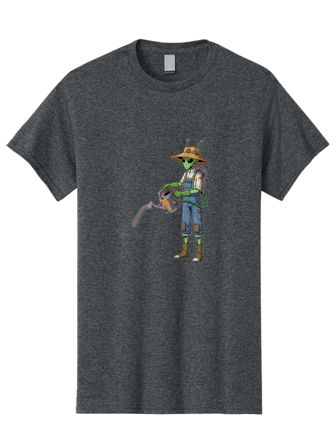 Alien-Gardener Men'S Graphic Tee, 100% Cotton, Comfortable Casual Summer Wear, Machine Washable, Alien Gardener, Watering Can, Gardening Tools, Green Skin, Futuristic Gardening, Cartoon Character, Science Fiction, Gardening Gloves, Overalls, Baa127