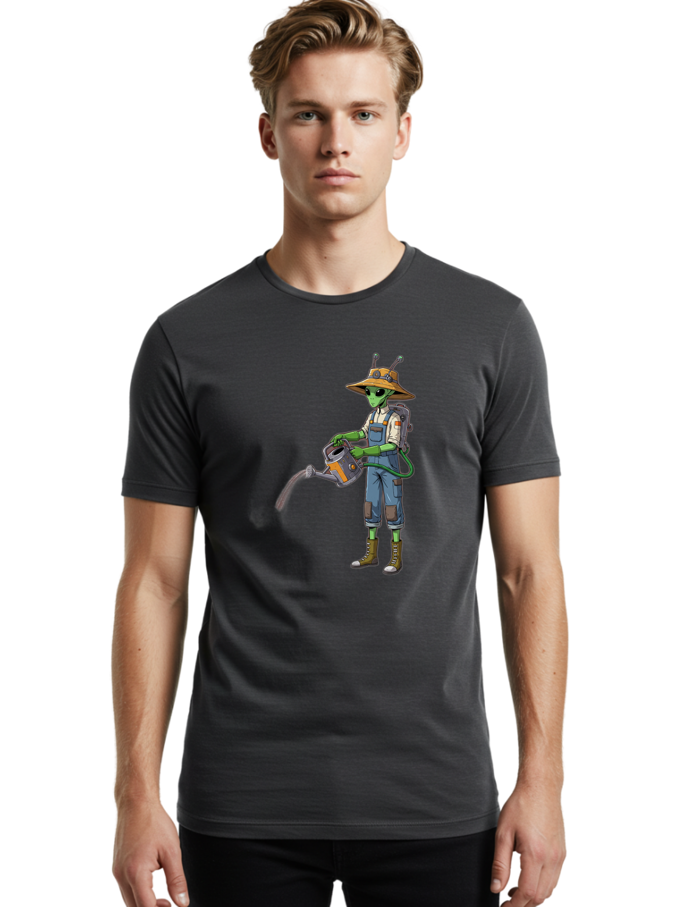 Alien-Gardener Men'S Graphic Tee, 100% Cotton, Comfortable Casual Summer Wear, Machine Washable, Alien Gardener, Watering Can, Gardening Tools, Green Skin, Futuristic Gardening, Cartoon Character, Science Fiction, Gardening Gloves, Overalls, Baa127