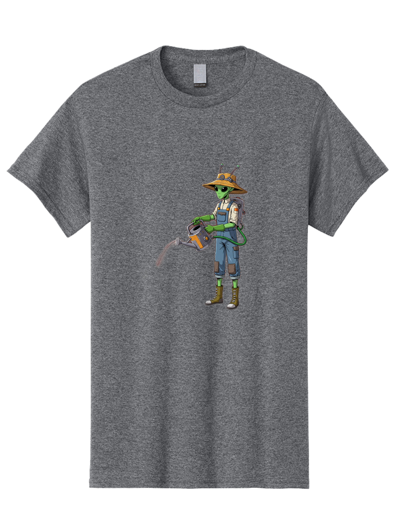 Alien-Gardener Men'S Graphic Tee, 100% Cotton, Comfortable Casual Summer Wear, Machine Washable, Alien Gardener, Watering Can, Gardening Tools, Green Skin, Futuristic Gardening, Cartoon Character, Science Fiction, Gardening Gloves, Overalls, Baa127
