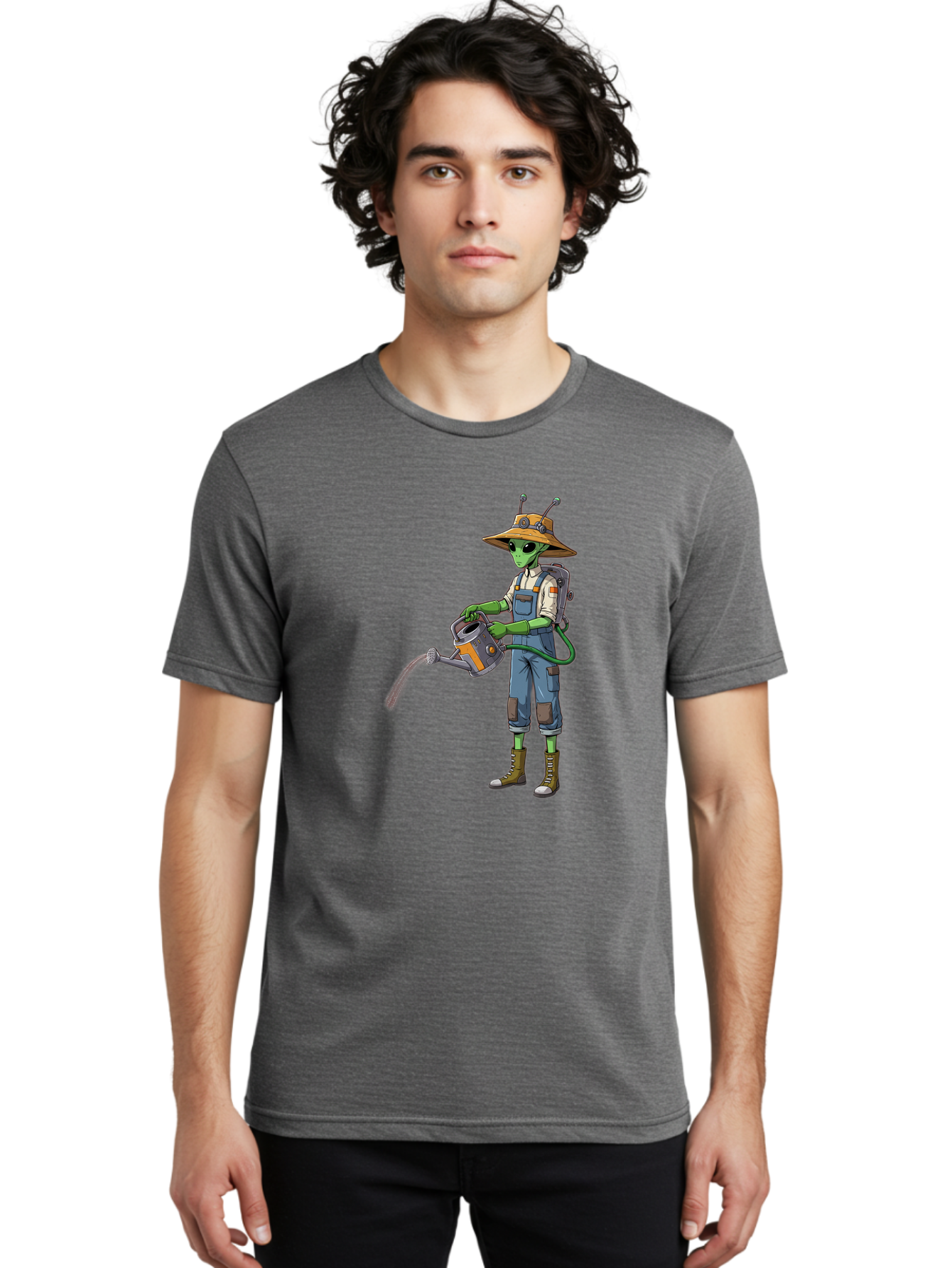 Alien-Gardener Men'S Graphic Tee, 100% Cotton, Comfortable Casual Summer Wear, Machine Washable, Alien Gardener, Watering Can, Gardening Tools, Green Skin, Futuristic Gardening, Cartoon Character, Science Fiction, Gardening Gloves, Overalls, Baa127