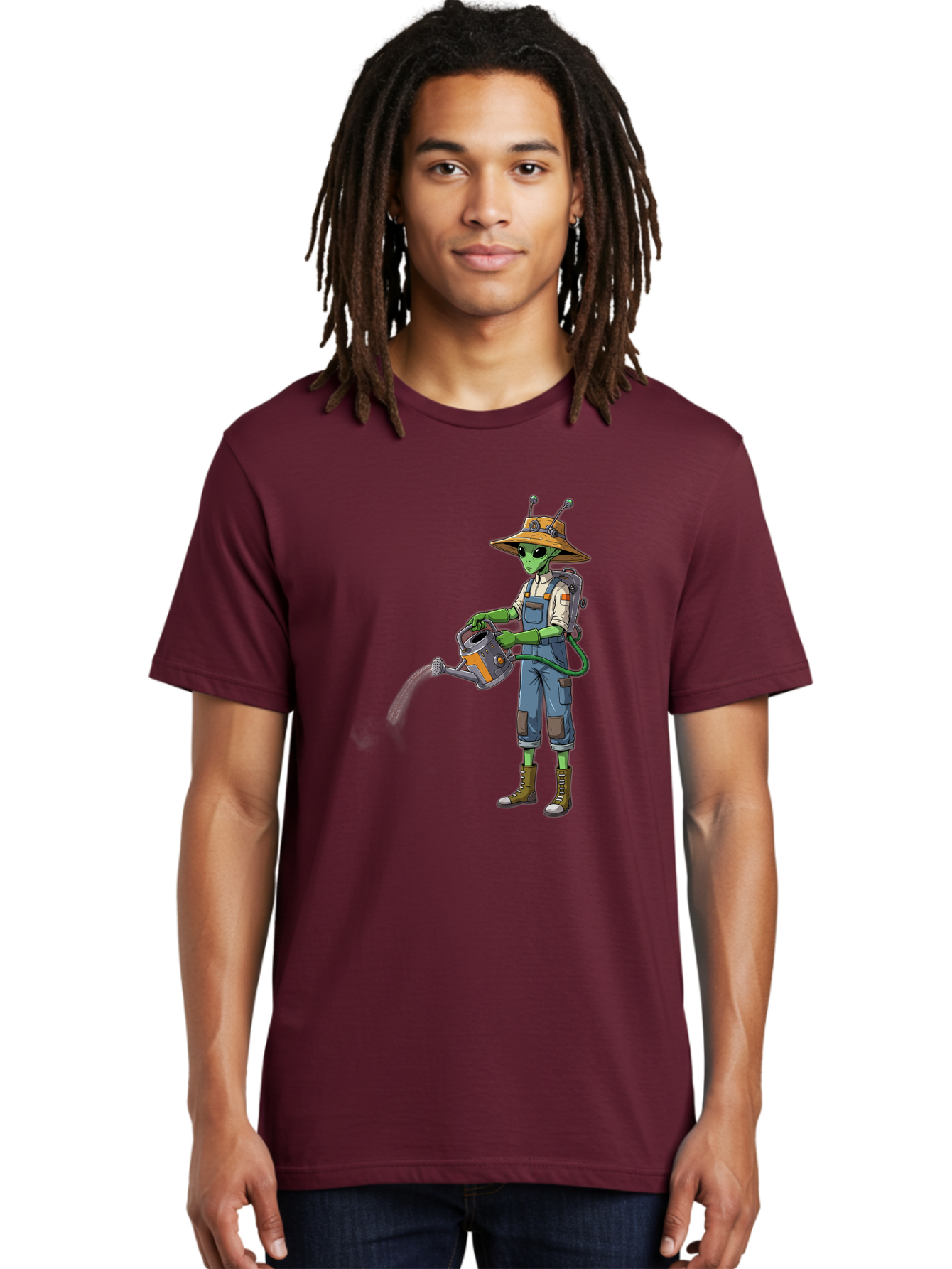Alien-Gardener Men'S Graphic Tee, 100% Cotton, Comfortable Casual Summer Wear, Machine Washable, Alien Gardener, Watering Can, Gardening Tools, Green Skin, Futuristic Gardening, Cartoon Character, Science Fiction, Gardening Gloves, Overalls, Baa127