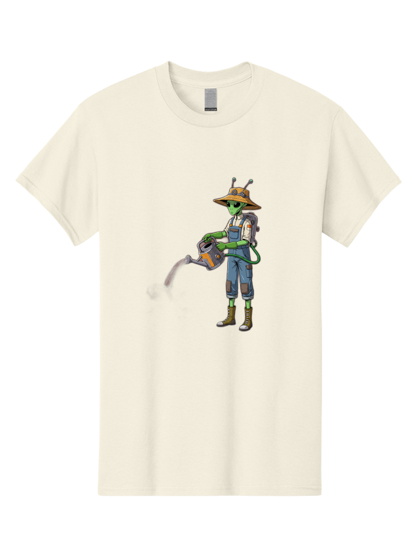 Alien-Gardener Men'S Graphic Tee, 100% Cotton, Comfortable Casual Summer Wear, Machine Washable, Alien Gardener, Watering Can, Gardening Tools, Green Skin, Futuristic Gardening, Cartoon Character, Science Fiction, Gardening Gloves, Overalls, Baa127