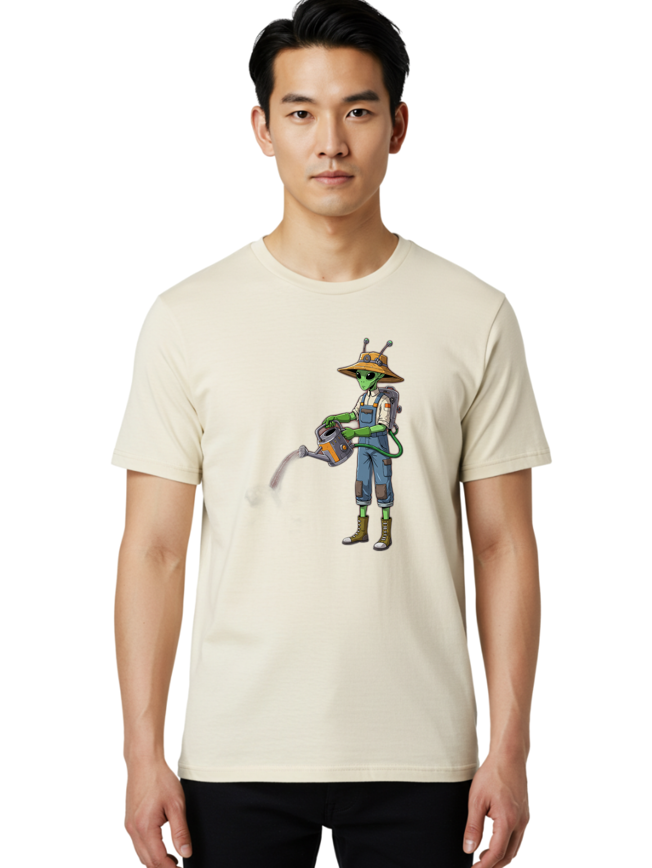 Alien-Gardener Men'S Graphic Tee, 100% Cotton, Comfortable Casual Summer Wear, Machine Washable, Alien Gardener, Watering Can, Gardening Tools, Green Skin, Futuristic Gardening, Cartoon Character, Science Fiction, Gardening Gloves, Overalls, Baa127