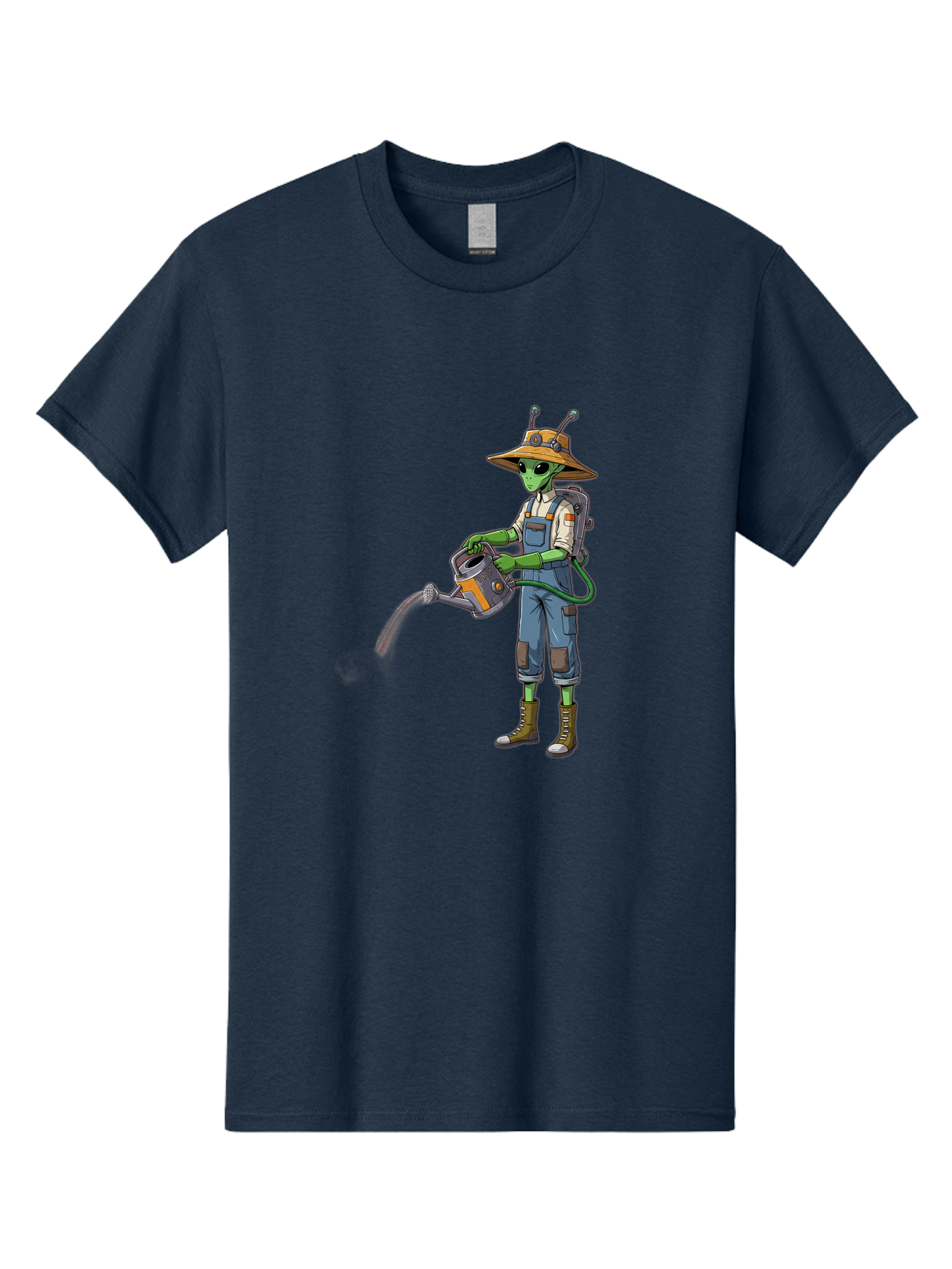 Alien-Gardener Men'S Graphic Tee, 100% Cotton, Comfortable Casual Summer Wear, Machine Washable, Alien Gardener, Watering Can, Gardening Tools, Green Skin, Futuristic Gardening, Cartoon Character, Science Fiction, Gardening Gloves, Overalls, Baa127