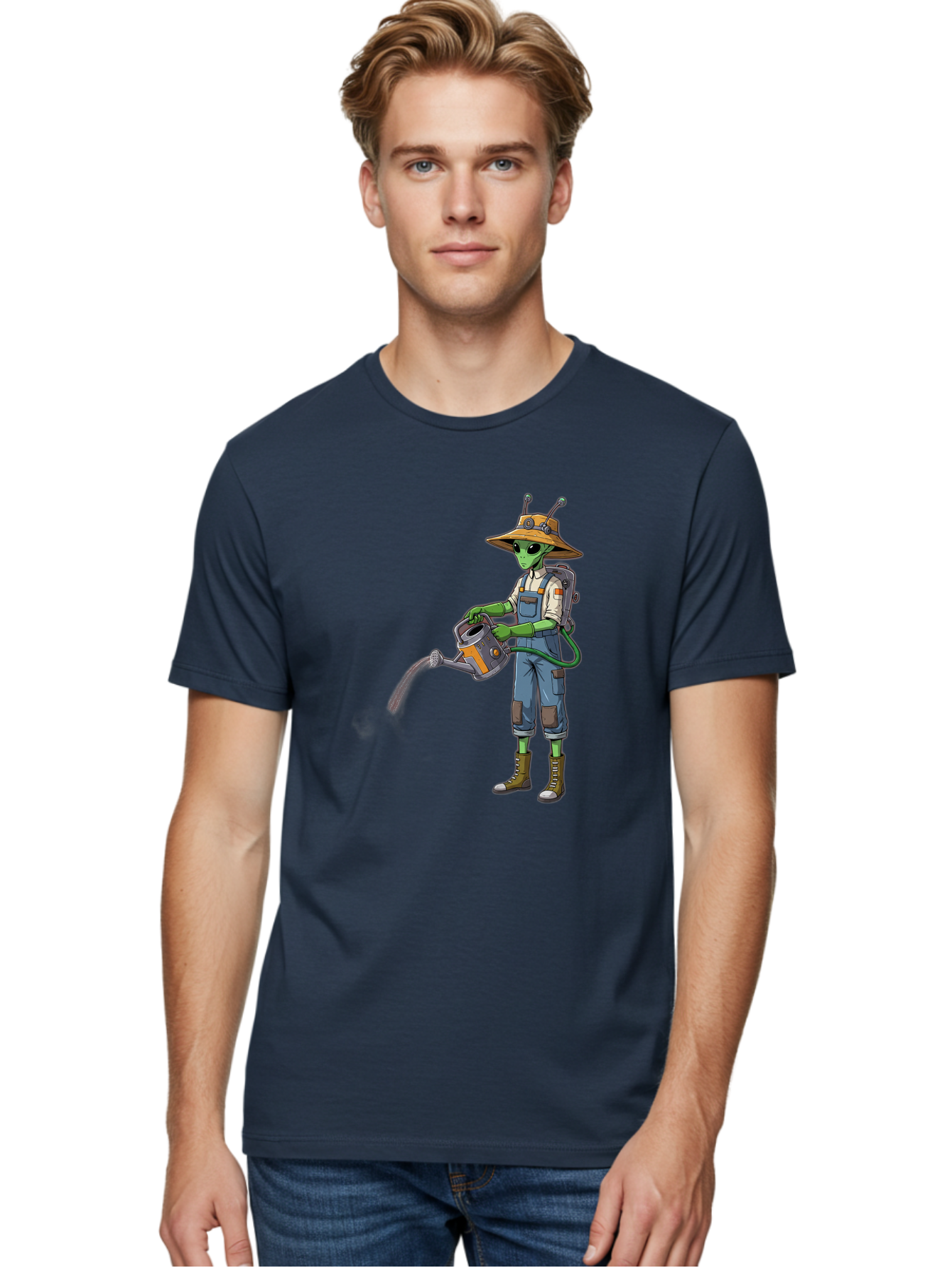 Alien-Gardener Men'S Graphic Tee, 100% Cotton, Comfortable Casual Summer Wear, Machine Washable, Alien Gardener, Watering Can, Gardening Tools, Green Skin, Futuristic Gardening, Cartoon Character, Science Fiction, Gardening Gloves, Overalls, Baa127