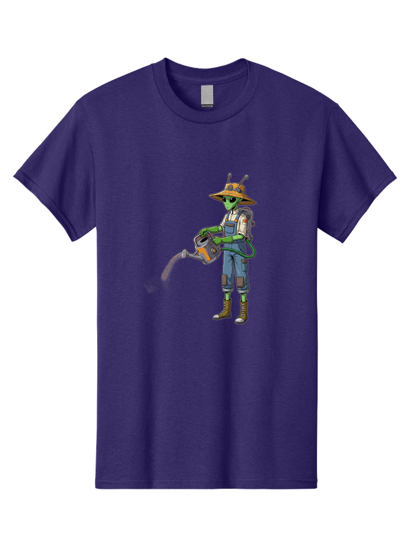 Alien-Gardener Men'S Graphic Tee, 100% Cotton, Comfortable Casual Summer Wear, Machine Washable, Alien Gardener, Watering Can, Gardening Tools, Green Skin, Futuristic Gardening, Cartoon Character, Science Fiction, Gardening Gloves, Overalls, Baa127