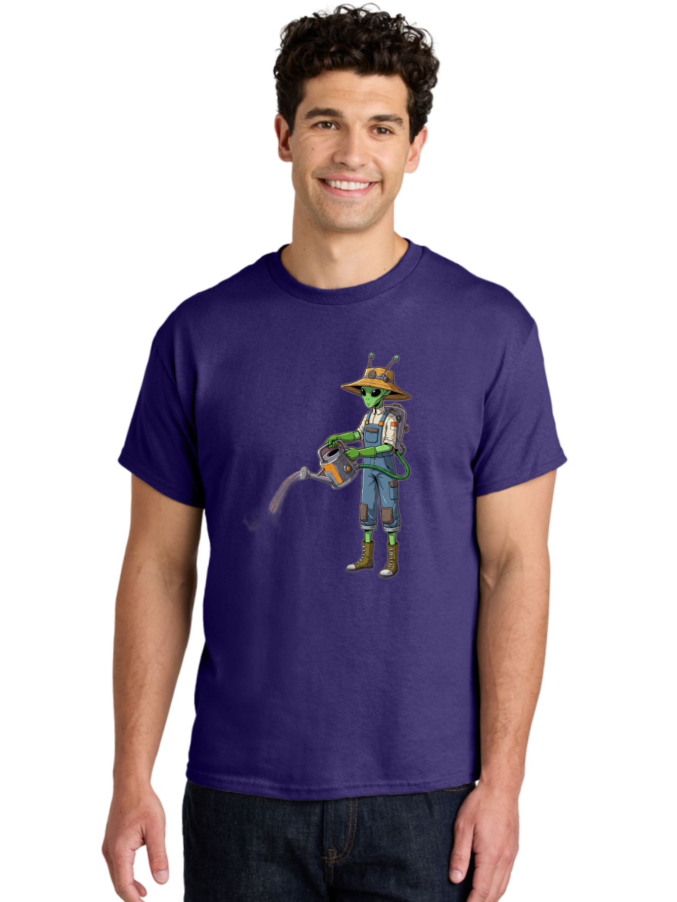 Alien-Gardener Men'S Graphic Tee, 100% Cotton, Comfortable Casual Summer Wear, Machine Washable, Alien Gardener, Watering Can, Gardening Tools, Green Skin, Futuristic Gardening, Cartoon Character, Science Fiction, Gardening Gloves, Overalls, Baa127