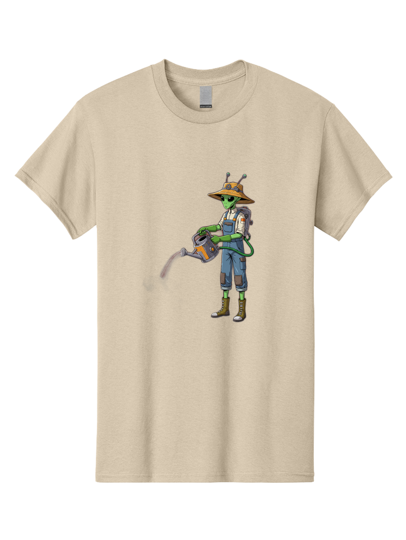 Alien-Gardener Men'S Graphic Tee, 100% Cotton, Comfortable Casual Summer Wear, Machine Washable, Alien Gardener, Watering Can, Gardening Tools, Green Skin, Futuristic Gardening, Cartoon Character, Science Fiction, Gardening Gloves, Overalls, Baa127