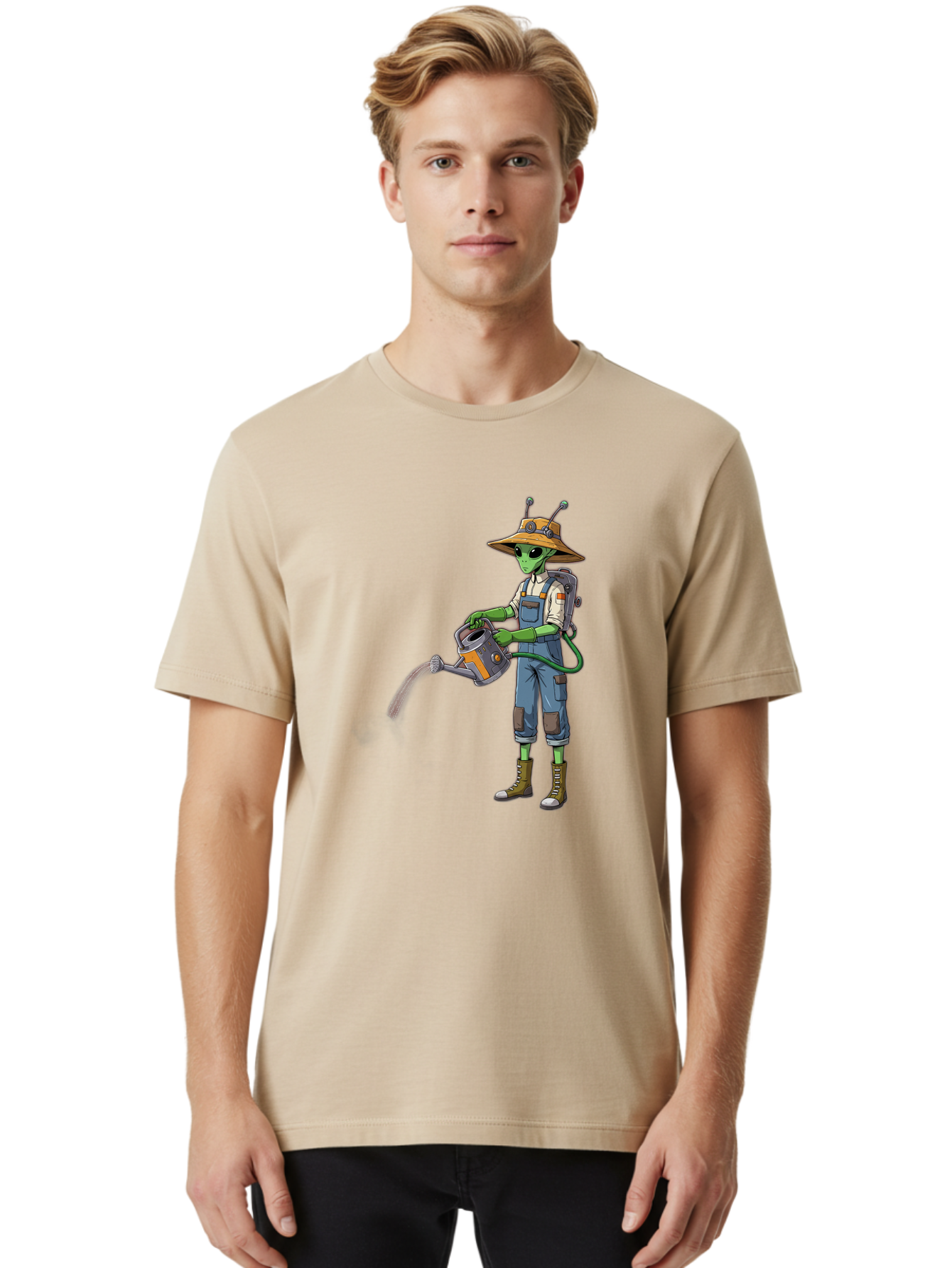 Alien-Gardener Men'S Graphic Tee, 100% Cotton, Comfortable Casual Summer Wear, Machine Washable, Alien Gardener, Watering Can, Gardening Tools, Green Skin, Futuristic Gardening, Cartoon Character, Science Fiction, Gardening Gloves, Overalls, Baa127