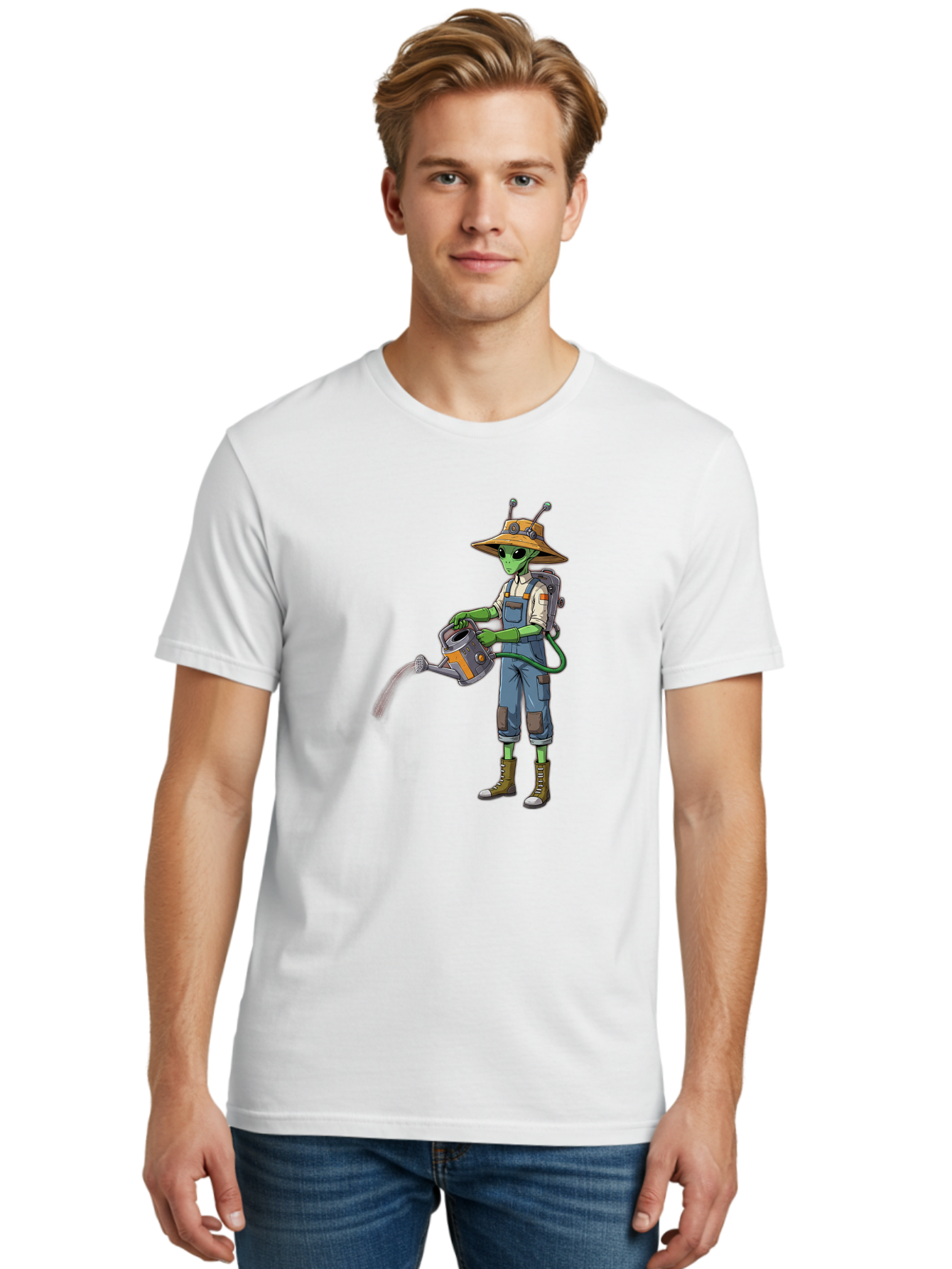 Alien-Gardener Men'S Graphic Tee, 100% Cotton, Comfortable Casual Summer Wear, Machine Washable, Alien Gardener, Watering Can, Gardening Tools, Green Skin, Futuristic Gardening, Cartoon Character, Science Fiction, Gardening Gloves, Overalls, Baa127