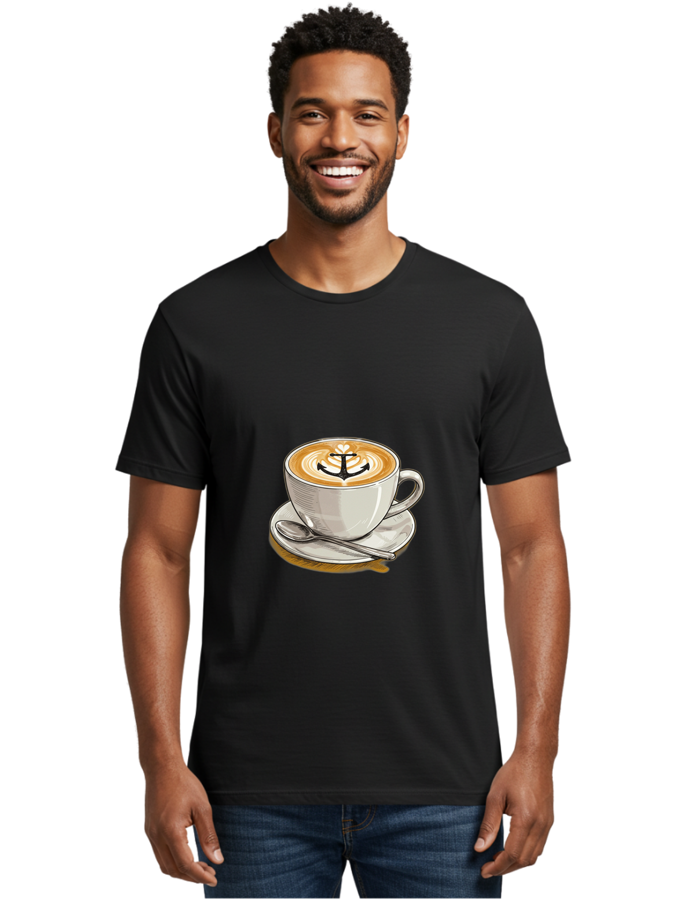 Anchor-Coffee Men'S Graphic Tee, 100% Cotton, Comfortable Casual Summer Wear, Machine Washable, Latte Art, Coffee Cup, Coffee Design, Anchor Symbol, Coffee Culture, Artistic Coffee, Coffee Drink, Saucer And Spoon, Coffee Art Baa129