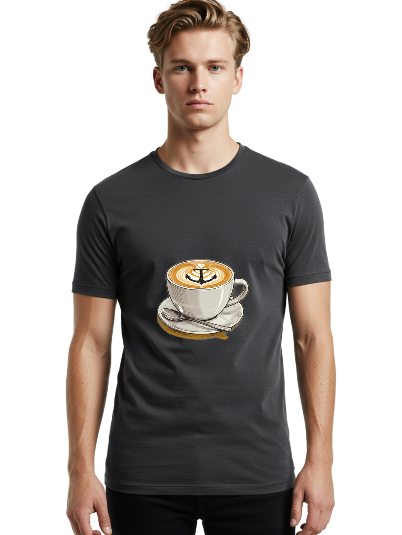 Anchor-Coffee Men'S Graphic Tee, 100% Cotton, Comfortable Casual Summer Wear, Machine Washable, Latte Art, Coffee Cup, Coffee Design, Anchor Symbol, Coffee Culture, Artistic Coffee, Coffee Drink, Saucer And Spoon, Coffee Art Baa129