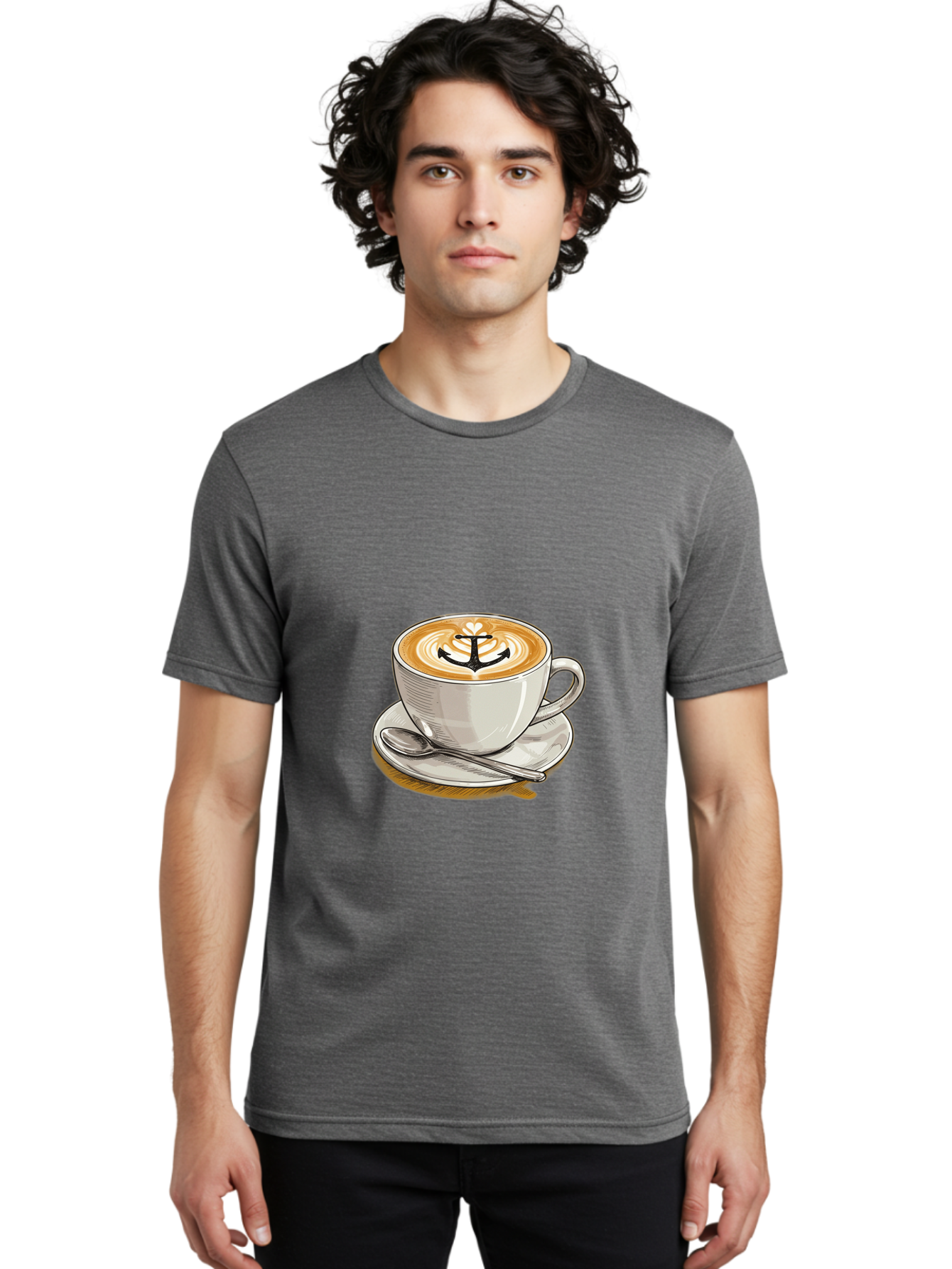 Anchor-Coffee Men'S Graphic Tee, 100% Cotton, Comfortable Casual Summer Wear, Machine Washable, Latte Art, Coffee Cup, Coffee Design, Anchor Symbol, Coffee Culture, Artistic Coffee, Coffee Drink, Saucer And Spoon, Coffee Art Baa129