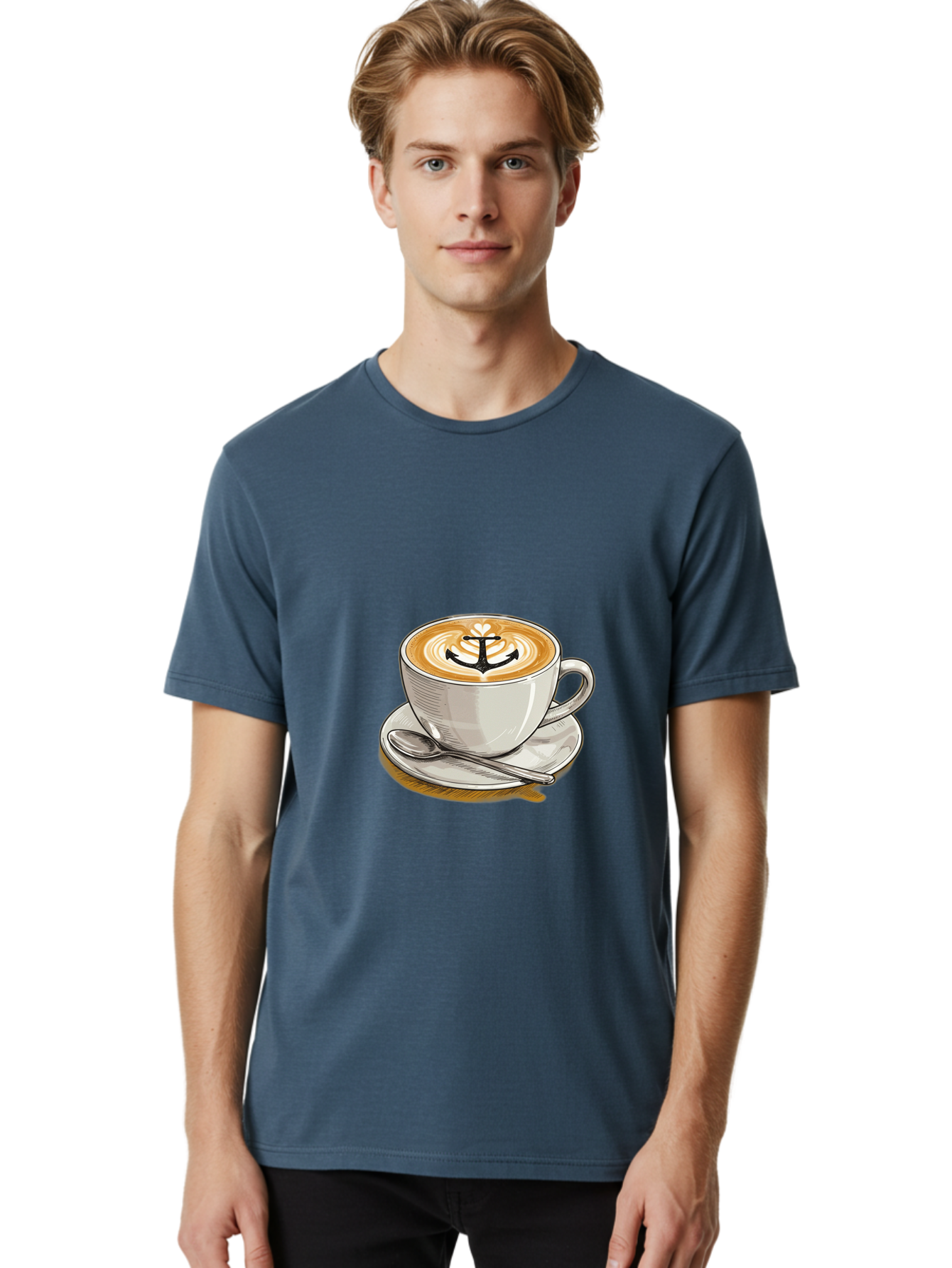 Anchor-Coffee Men'S Graphic Tee, 100% Cotton, Comfortable Casual Summer Wear, Machine Washable, Latte Art, Coffee Cup, Coffee Design, Anchor Symbol, Coffee Culture, Artistic Coffee, Coffee Drink, Saucer And Spoon, Coffee Art Baa129