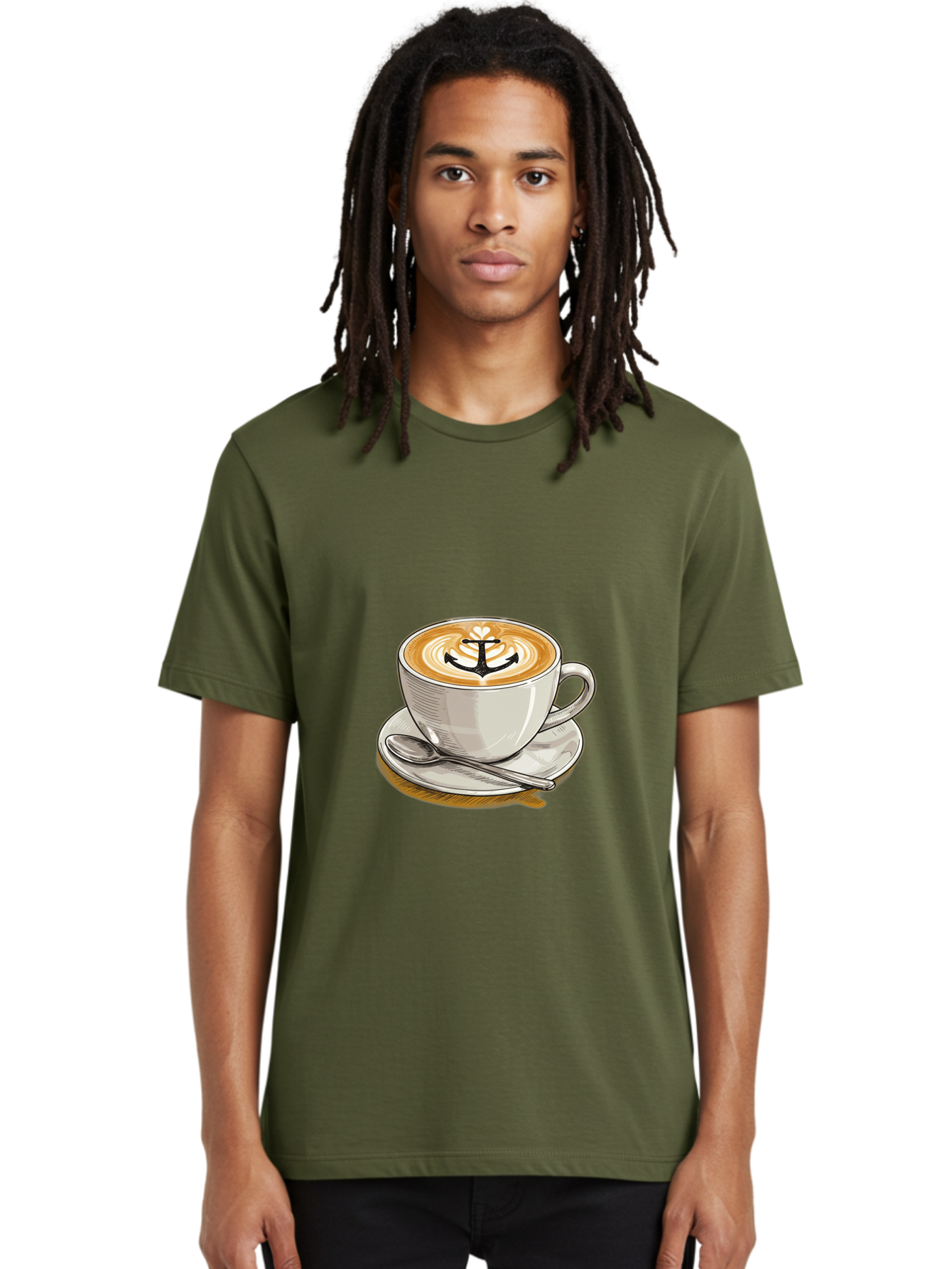 Anchor-Coffee Men'S Graphic Tee, 100% Cotton, Comfortable Casual Summer Wear, Machine Washable, Latte Art, Coffee Cup, Coffee Design, Anchor Symbol, Coffee Culture, Artistic Coffee, Coffee Drink, Saucer And Spoon, Coffee Art Baa129