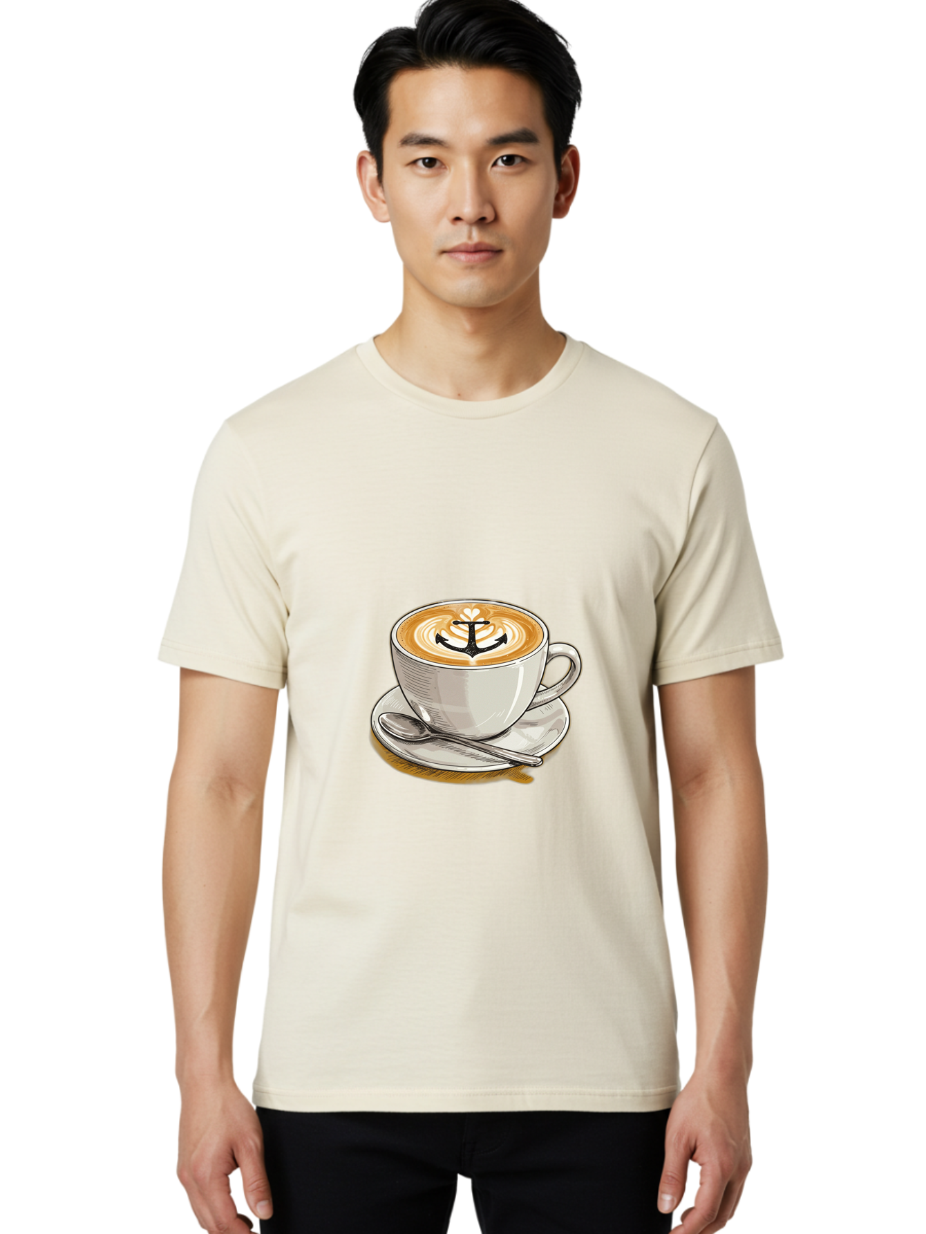 Anchor-Coffee Men'S Graphic Tee, 100% Cotton, Comfortable Casual Summer Wear, Machine Washable, Latte Art, Coffee Cup, Coffee Design, Anchor Symbol, Coffee Culture, Artistic Coffee, Coffee Drink, Saucer And Spoon, Coffee Art Baa129