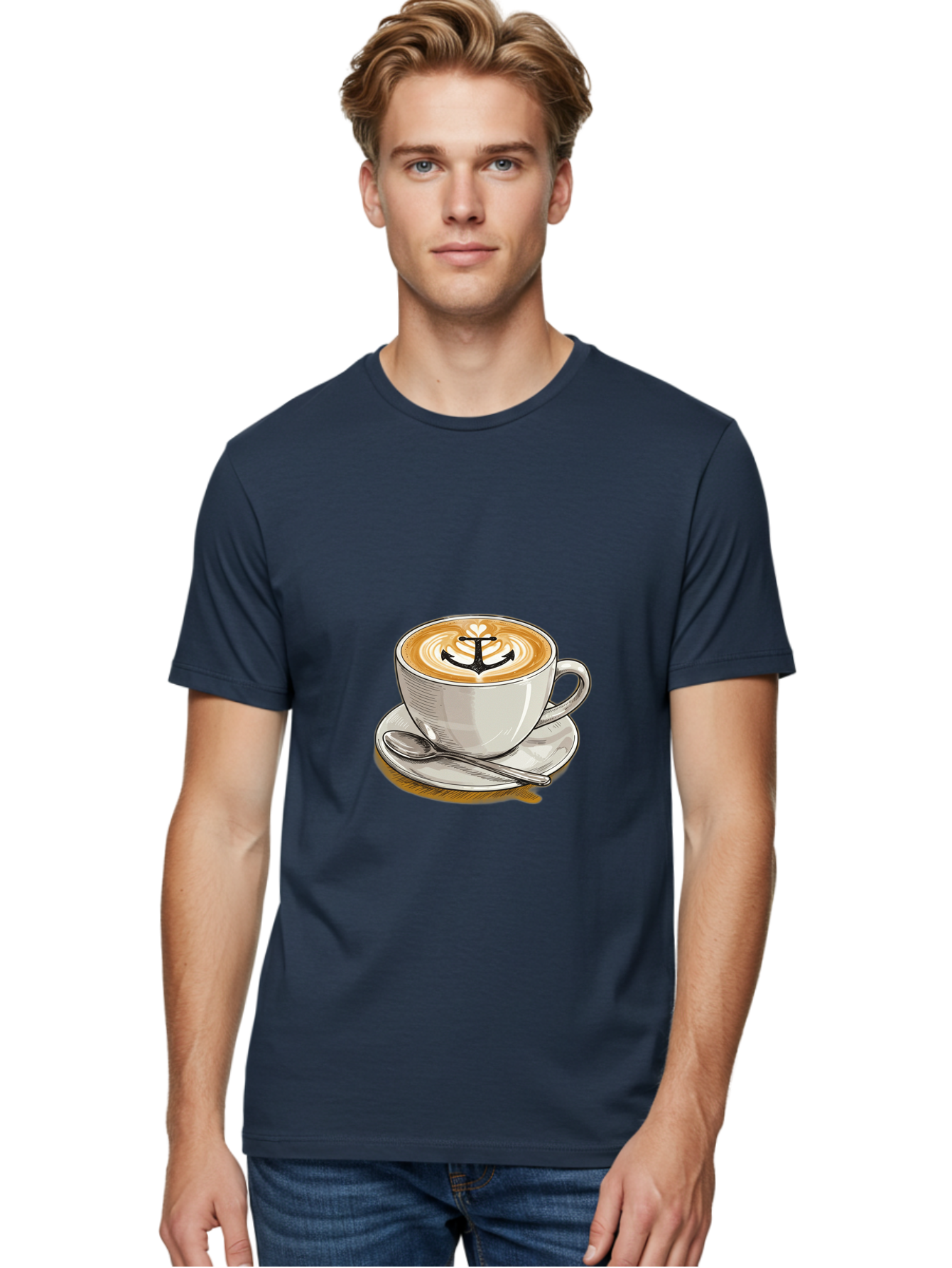 Anchor-Coffee Men'S Graphic Tee, 100% Cotton, Comfortable Casual Summer Wear, Machine Washable, Latte Art, Coffee Cup, Coffee Design, Anchor Symbol, Coffee Culture, Artistic Coffee, Coffee Drink, Saucer And Spoon, Coffee Art Baa129