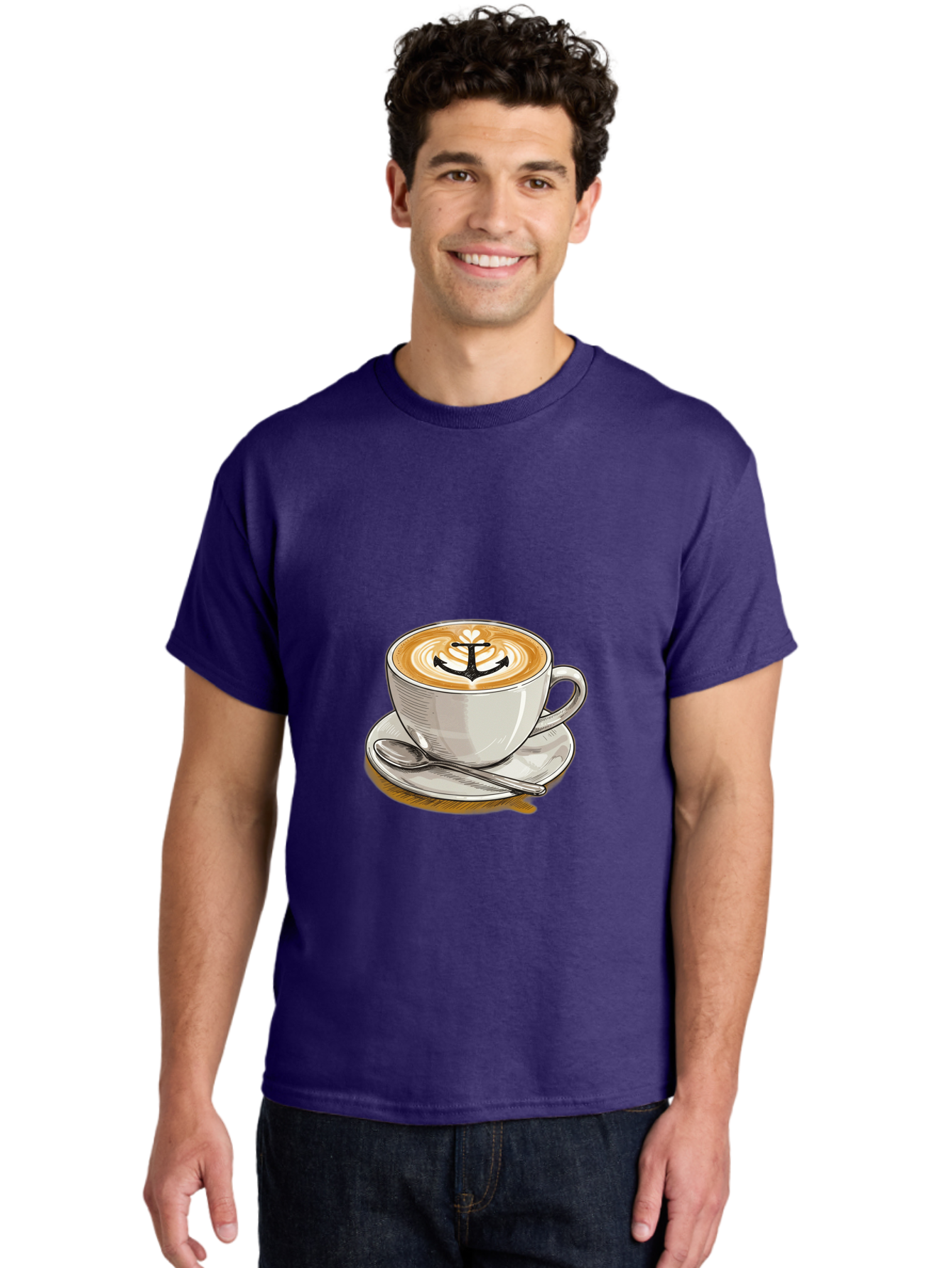 Anchor-Coffee Men'S Graphic Tee, 100% Cotton, Comfortable Casual Summer Wear, Machine Washable, Latte Art, Coffee Cup, Coffee Design, Anchor Symbol, Coffee Culture, Artistic Coffee, Coffee Drink, Saucer And Spoon, Coffee Art Baa129