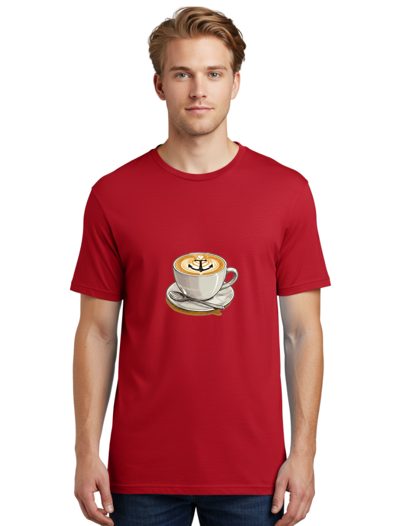 Anchor-Coffee Men'S Graphic Tee, 100% Cotton, Comfortable Casual Summer Wear, Machine Washable, Latte Art, Coffee Cup, Coffee Design, Anchor Symbol, Coffee Culture, Artistic Coffee, Coffee Drink, Saucer And Spoon, Coffee Art Baa129