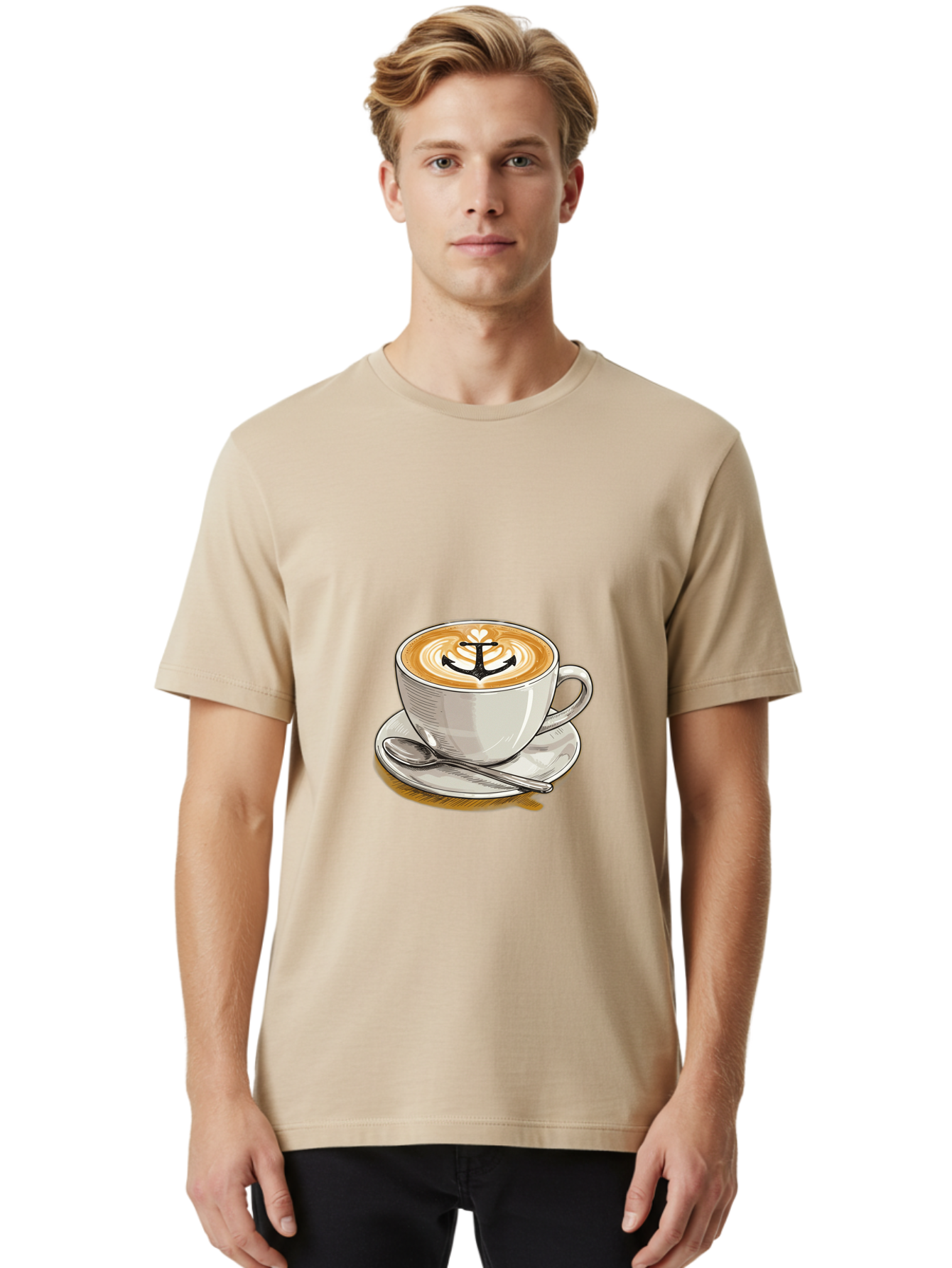 Anchor-Coffee Men'S Graphic Tee, 100% Cotton, Comfortable Casual Summer Wear, Machine Washable, Latte Art, Coffee Cup, Coffee Design, Anchor Symbol, Coffee Culture, Artistic Coffee, Coffee Drink, Saucer And Spoon, Coffee Art Baa129