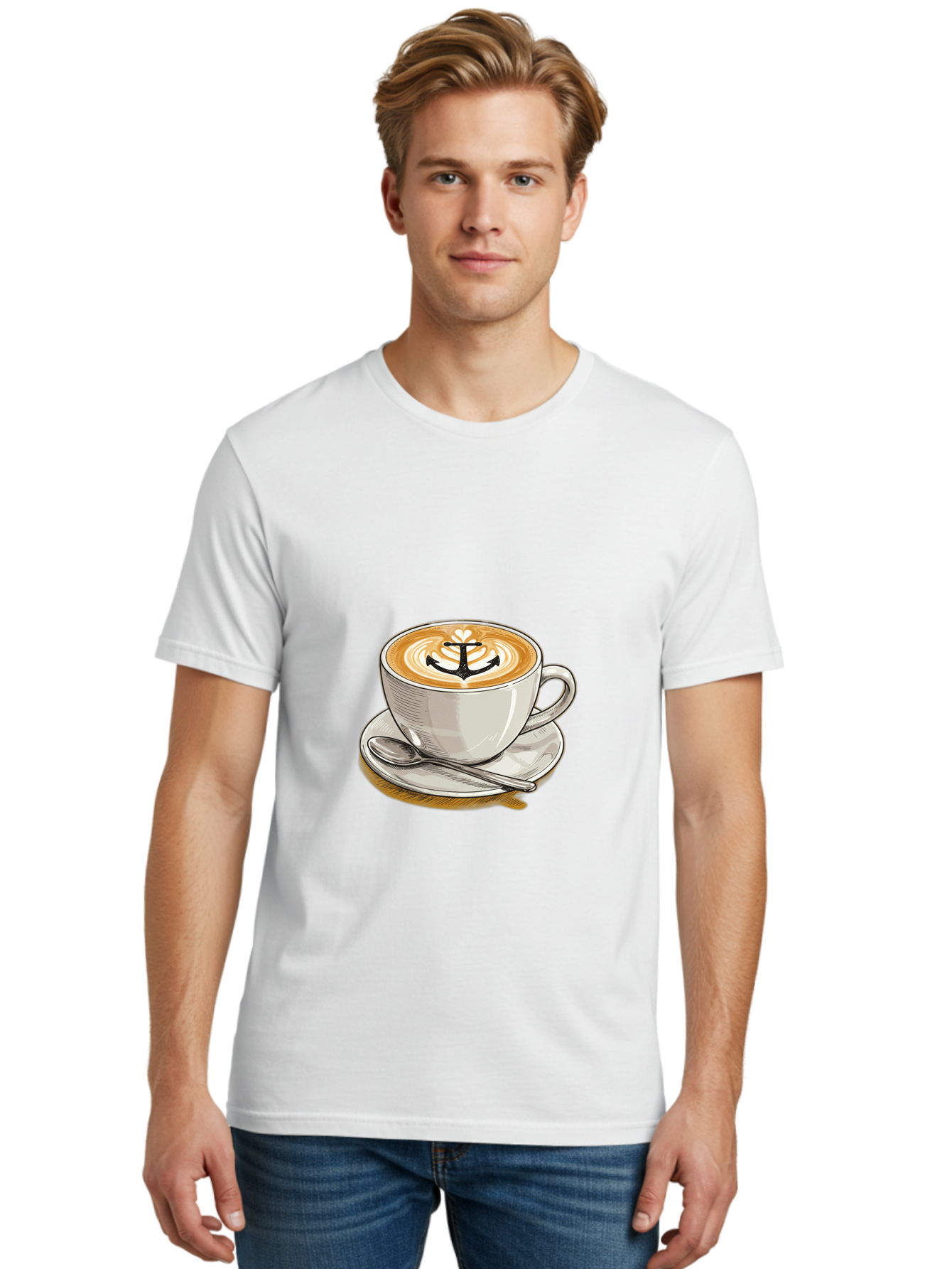 Anchor-Coffee Men'S Graphic Tee, 100% Cotton, Comfortable Casual Summer Wear, Machine Washable, Latte Art, Coffee Cup, Coffee Design, Anchor Symbol, Coffee Culture, Artistic Coffee, Coffee Drink, Saucer And Spoon, Coffee Art Baa129
