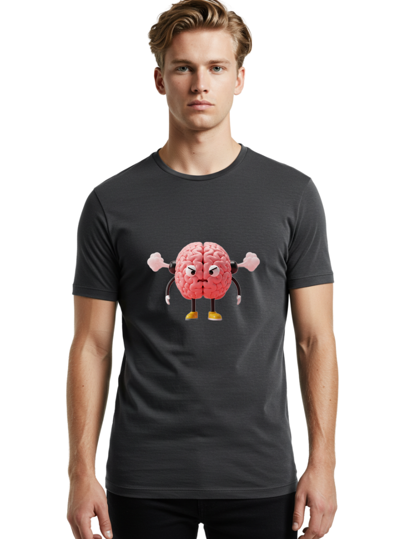 Angry-Brain-1 Men'S Graphic Tee, 100% Cotton, Comfortable Casual Summer Wear, Machine Washable, Angry Brain Character, Flexing Arms, Strong Brain, Cartoon Brain, Humorous Illustration, Brain With Attitude, Funny Brain Character, Baa130