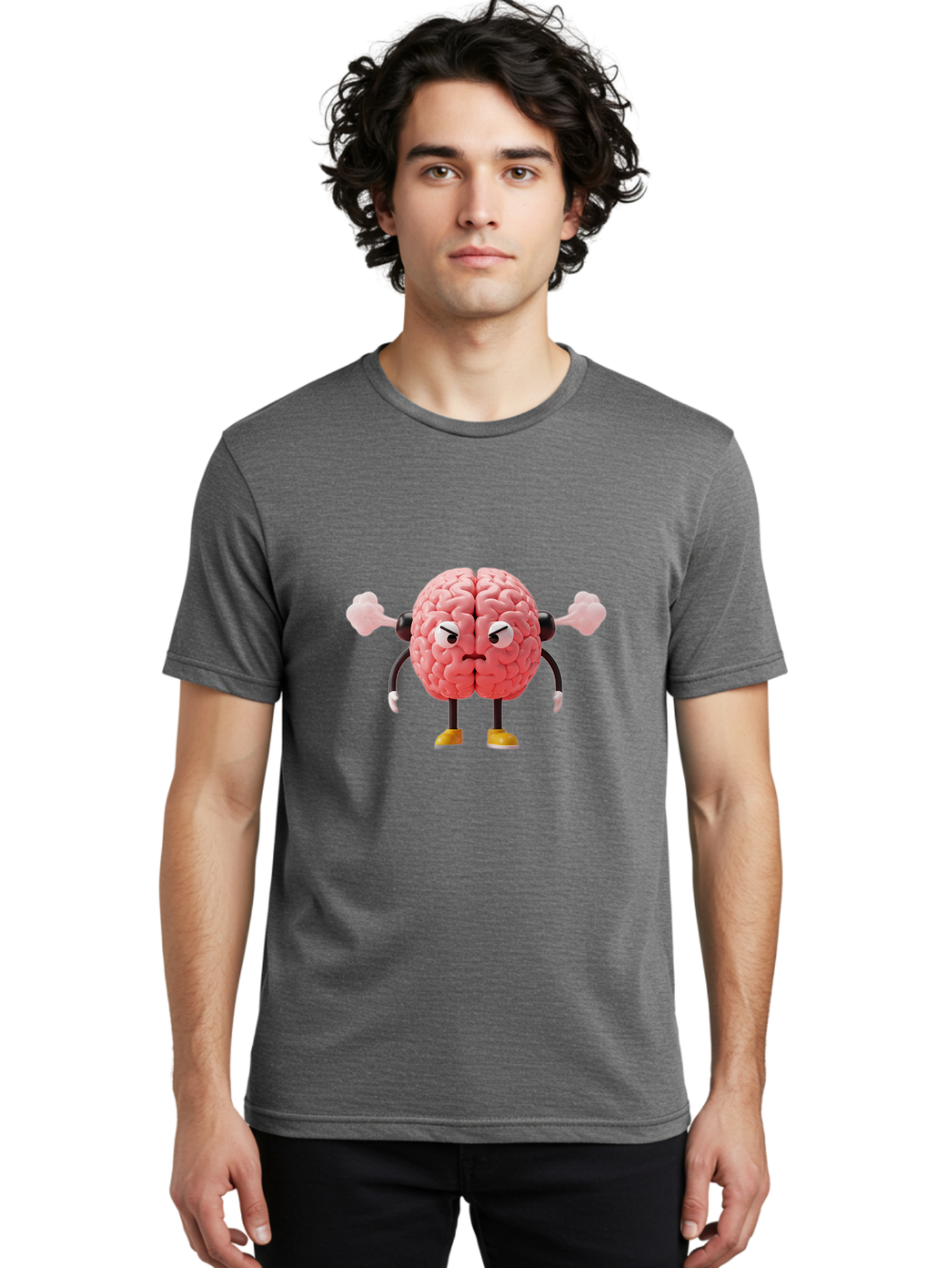 Angry-Brain-1 Men'S Graphic Tee, 100% Cotton, Comfortable Casual Summer Wear, Machine Washable, Angry Brain Character, Flexing Arms, Strong Brain, Cartoon Brain, Humorous Illustration, Brain With Attitude, Funny Brain Character, Baa130