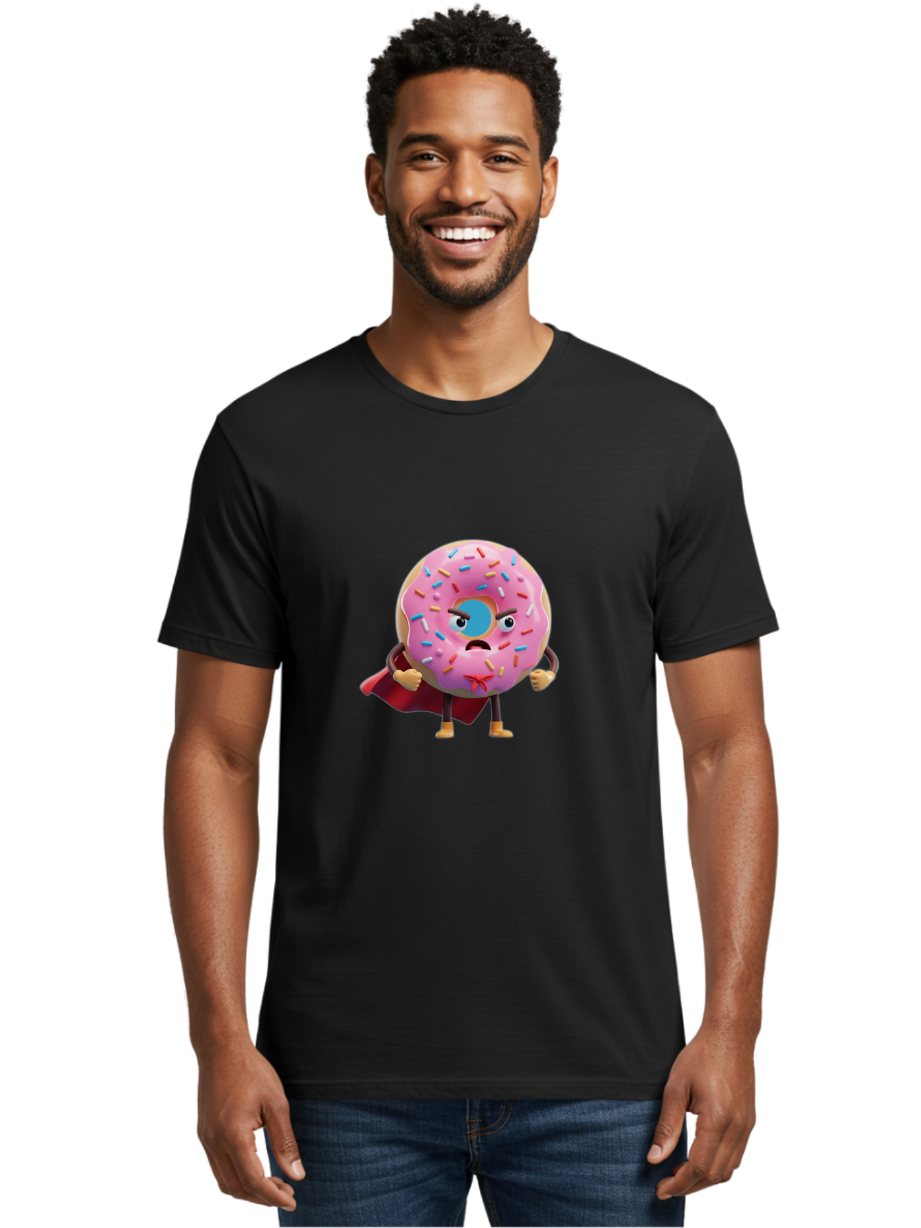 Angry-Donut-Superhero Men'S Graphic Tee, 100% Cotton, Comfortable Casual Summer Wear, Machine Washable, Pink Frosted Donut With Sprinkles, Angry Face, Superhero Cape, Funny Character, Comical Expression, Sweet Treat, Cartoon Character Baa133