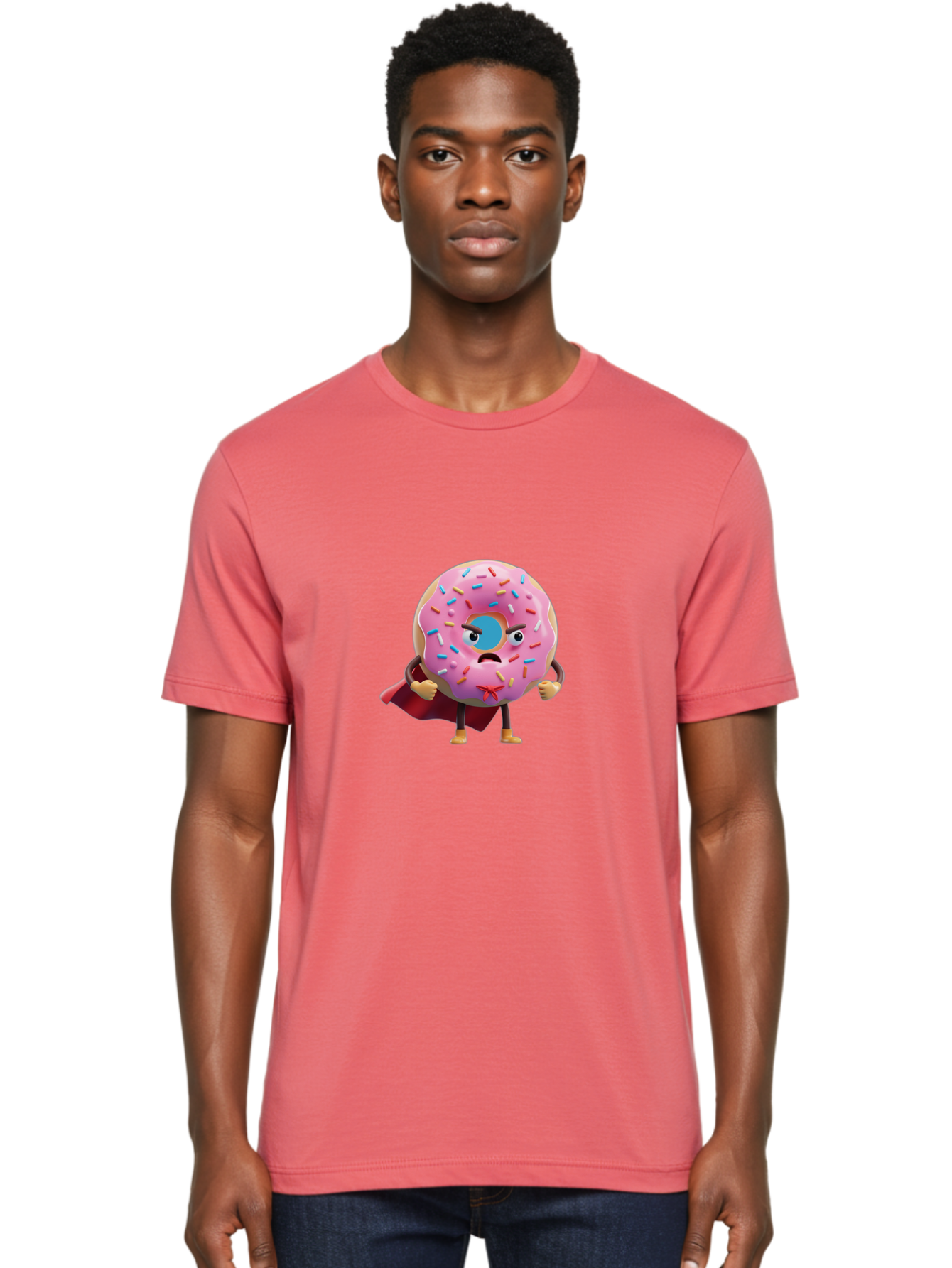 Angry-Donut-Superhero Men'S Graphic Tee, 100% Cotton, Comfortable Casual Summer Wear, Machine Washable, Pink Frosted Donut With Sprinkles, Angry Face, Superhero Cape, Funny Character, Comical Expression, Sweet Treat, Cartoon Character Baa133