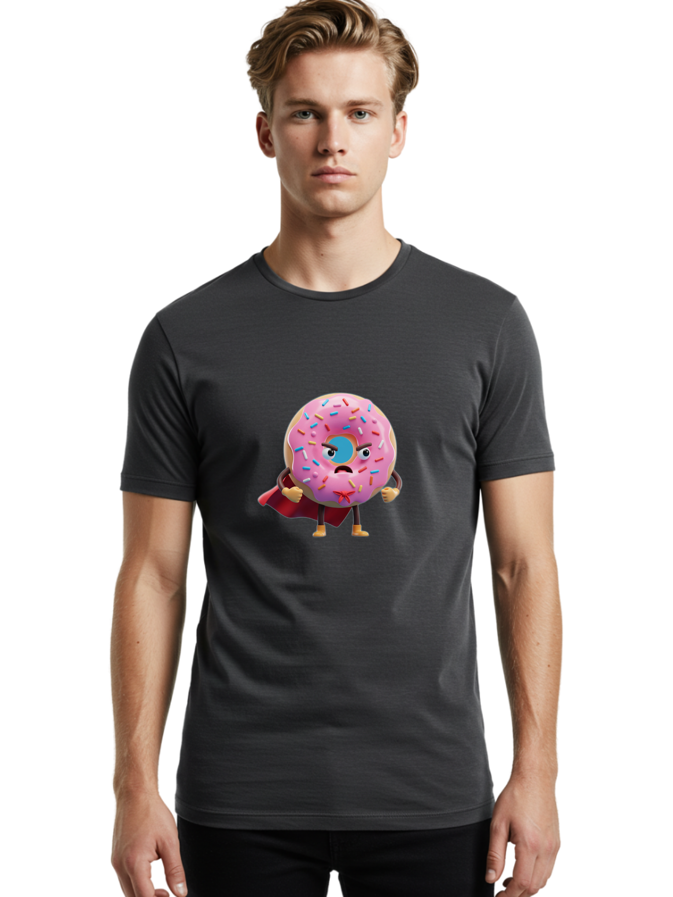 Angry-Donut-Superhero Men'S Graphic Tee, 100% Cotton, Comfortable Casual Summer Wear, Machine Washable, Pink Frosted Donut With Sprinkles, Angry Face, Superhero Cape, Funny Character, Comical Expression, Sweet Treat, Cartoon Character Baa133