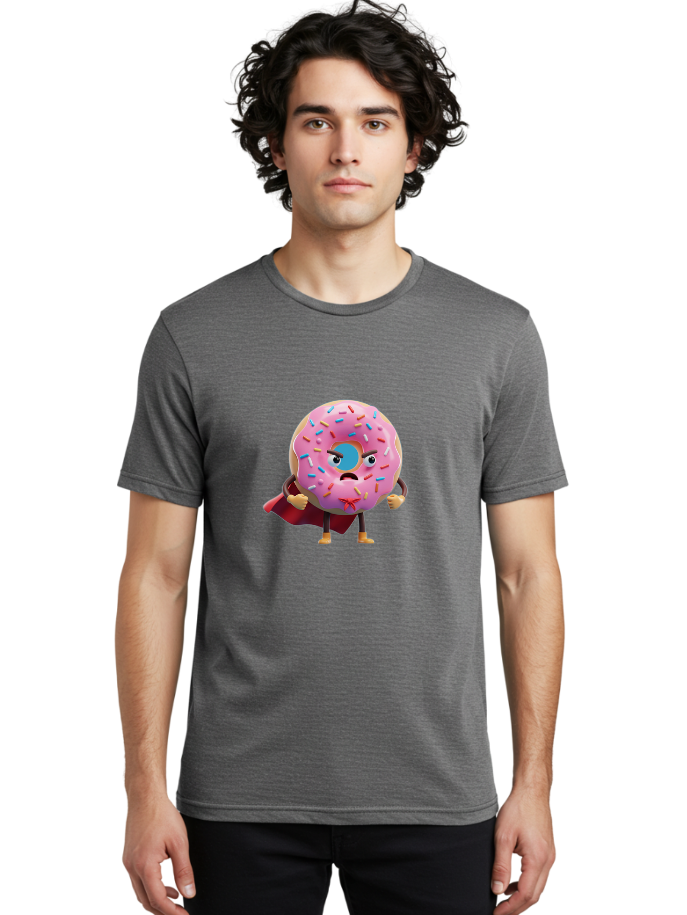 Angry-Donut-Superhero Men'S Graphic Tee, 100% Cotton, Comfortable Casual Summer Wear, Machine Washable, Pink Frosted Donut With Sprinkles, Angry Face, Superhero Cape, Funny Character, Comical Expression, Sweet Treat, Cartoon Character Baa133