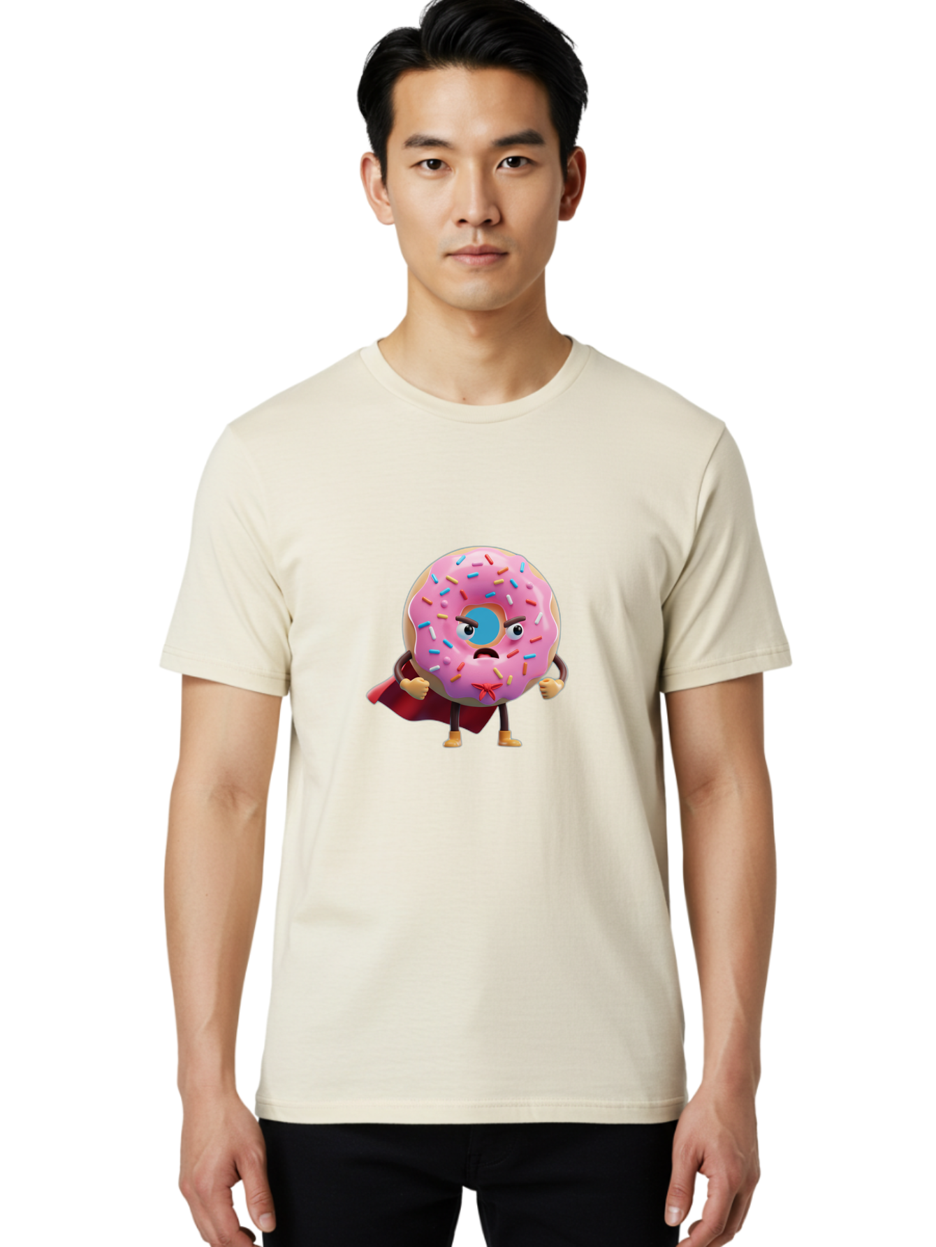 Angry-Donut-Superhero Men'S Graphic Tee, 100% Cotton, Comfortable Casual Summer Wear, Machine Washable, Pink Frosted Donut With Sprinkles, Angry Face, Superhero Cape, Funny Character, Comical Expression, Sweet Treat, Cartoon Character Baa133