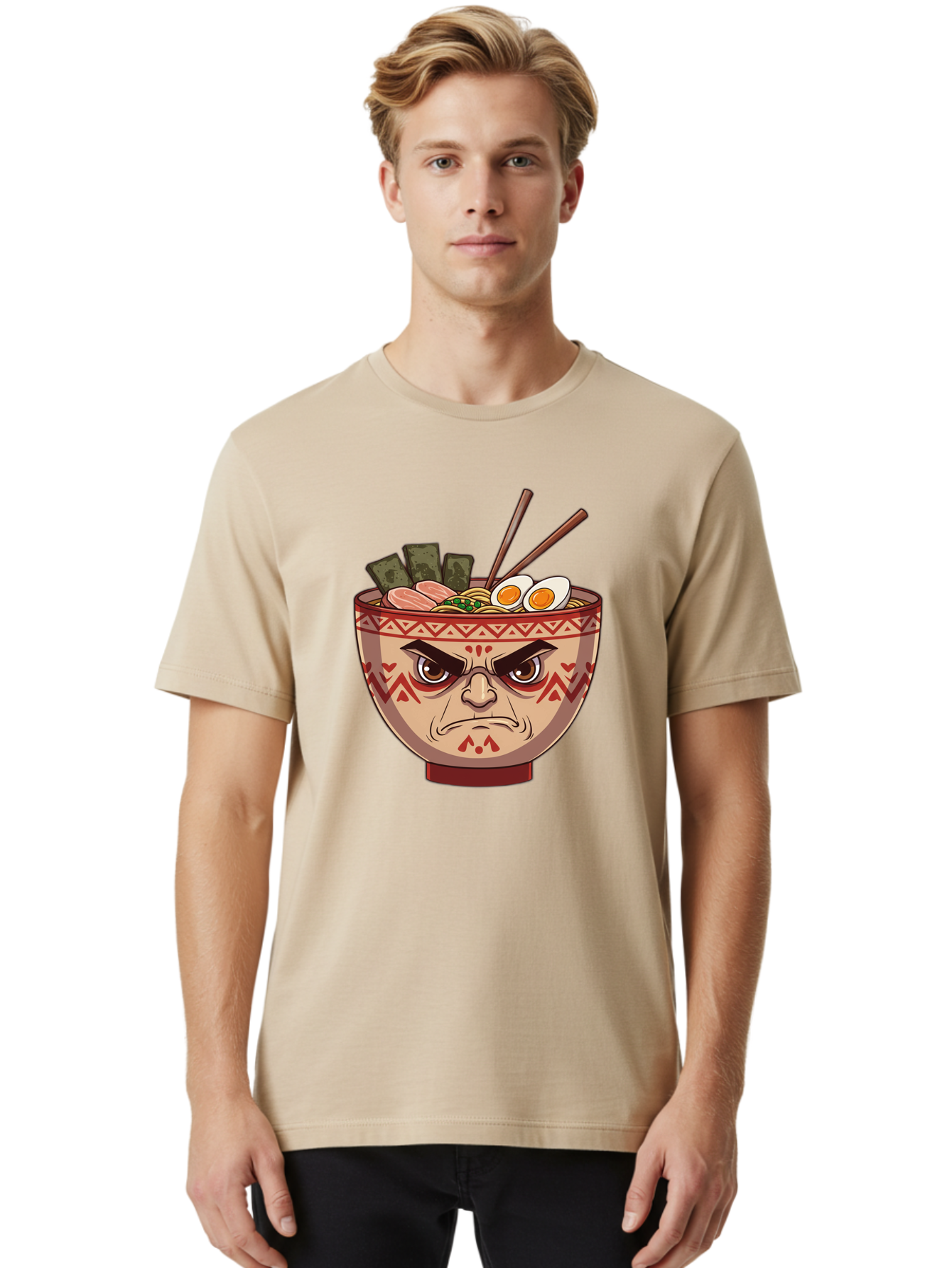 Angry-Ramen Men'S Graphic Tee, 100% Cotton, Comfortable Casual Summer Wear, Machine Washable, Angry Ramen Bowl, Angry Face, Ramen Noodles, Boiled Egg, Seaweed, Chopsticks, Kawaii, Cartoon Character, Ramen Toppings, Angry Eyes Baa134