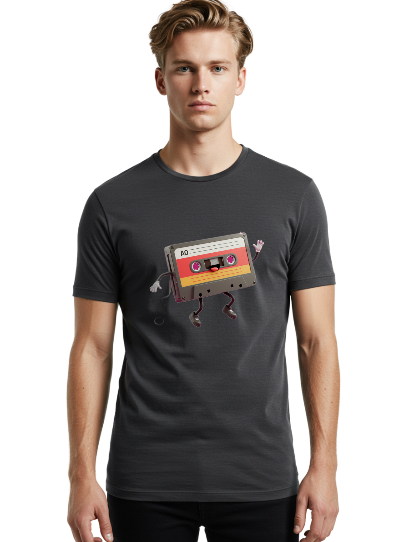 Ao-Cassette Men'S Graphic Tee, 100% Cotton, Comfortable Casual Summer Wear, Machine Washable, Retro Cassette Tape, Character Design, Anthropomorphic Object, Music Nostalgia, Vintage Technology, 80S And 90S Memorabilia, Funky Illustration, Baa136